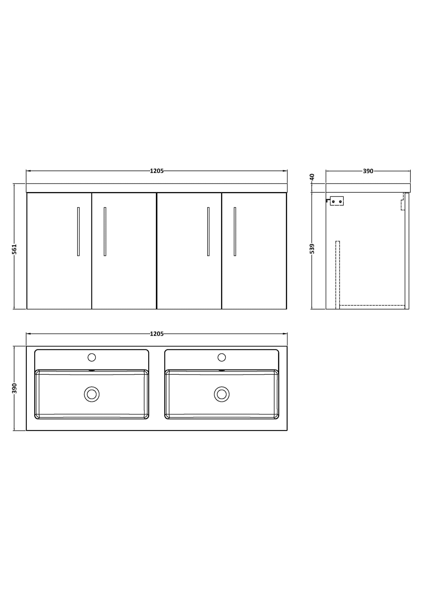 NUIE 1200mm Wall Hung 4 Door Vanity & Double Basin