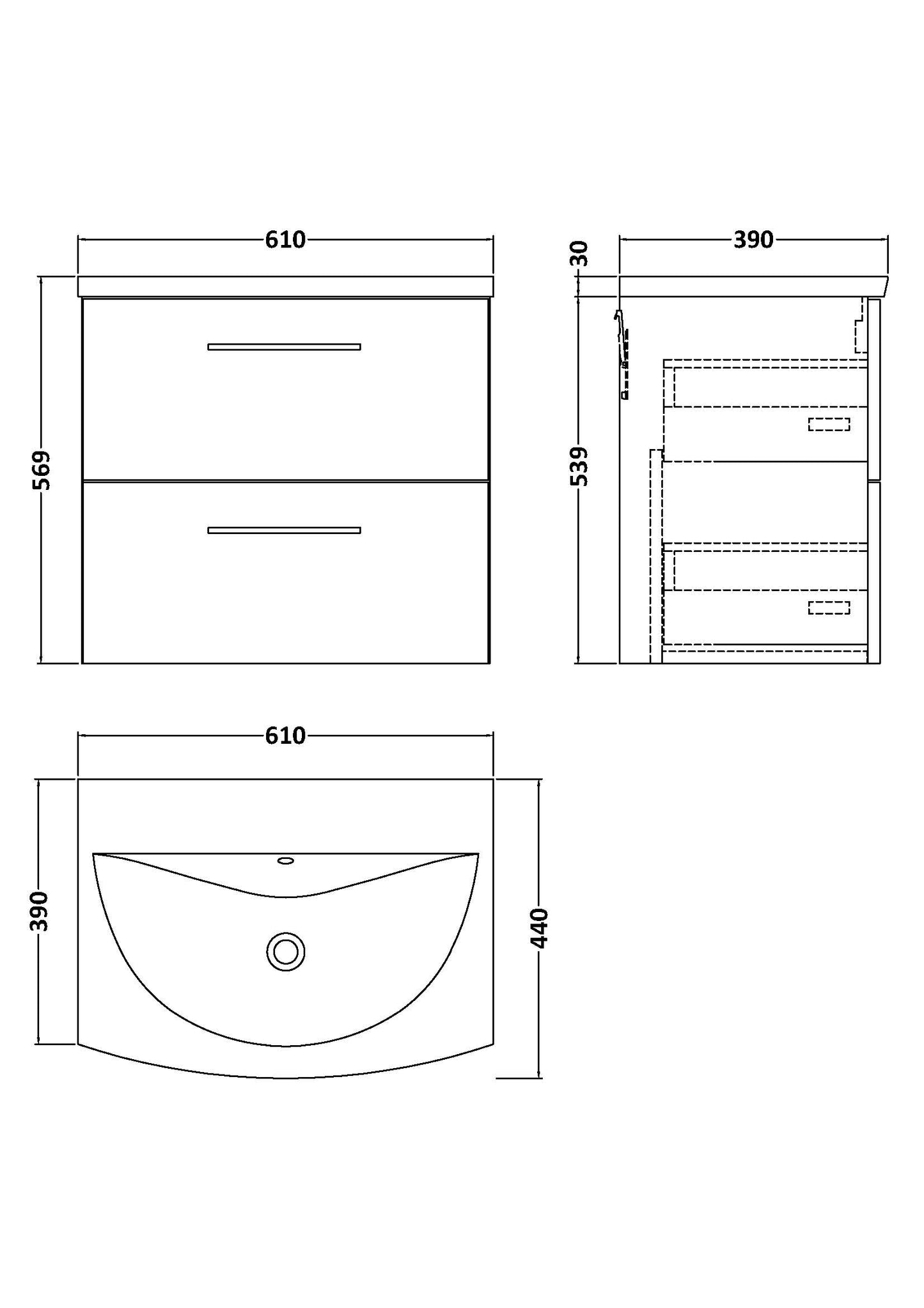 NUIE 600mm Wall Hung 2 Drawer Vanity & Basin 4
