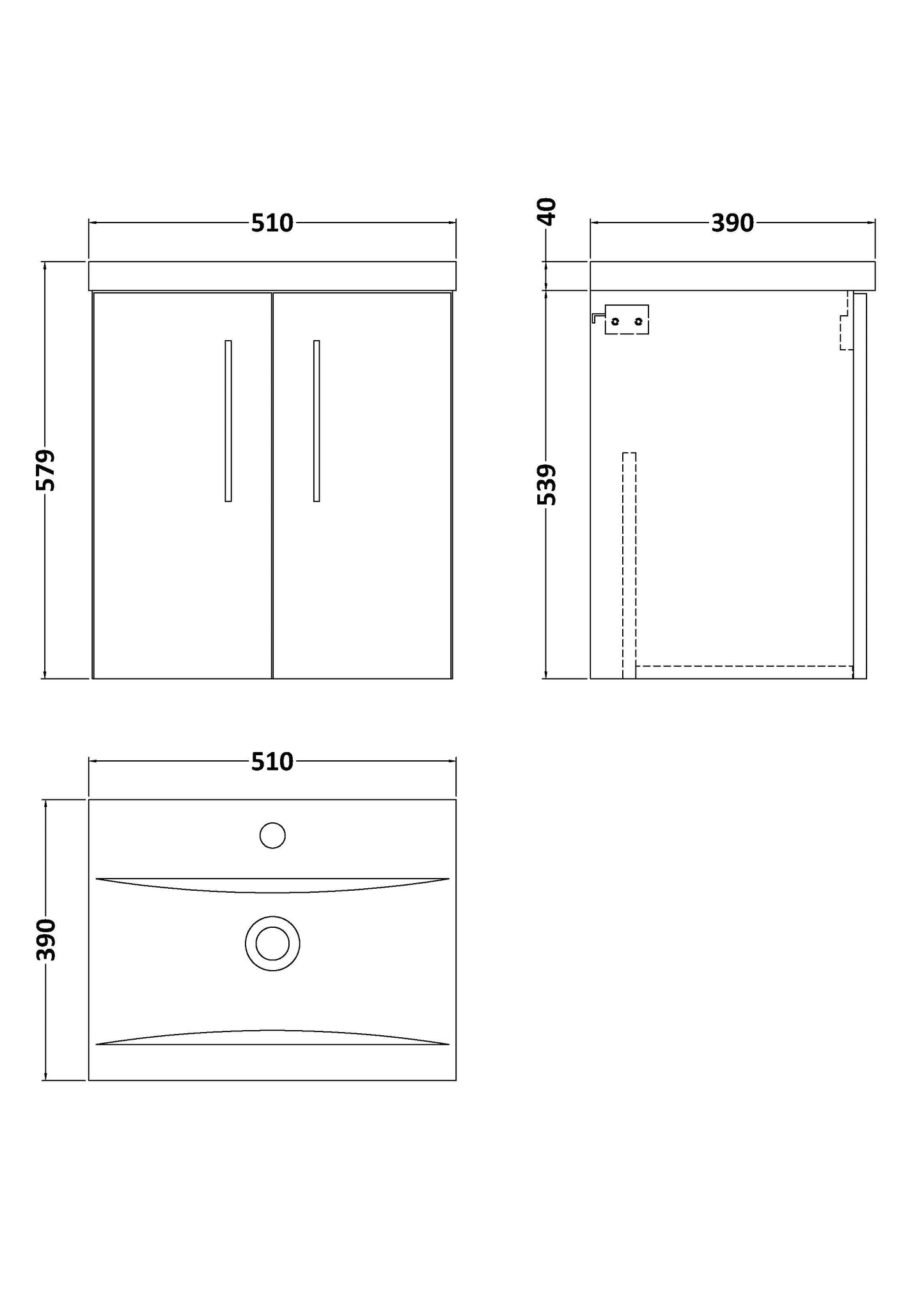 NUIE 500mm Wall Hung 2 Door Vanity & Basin 1