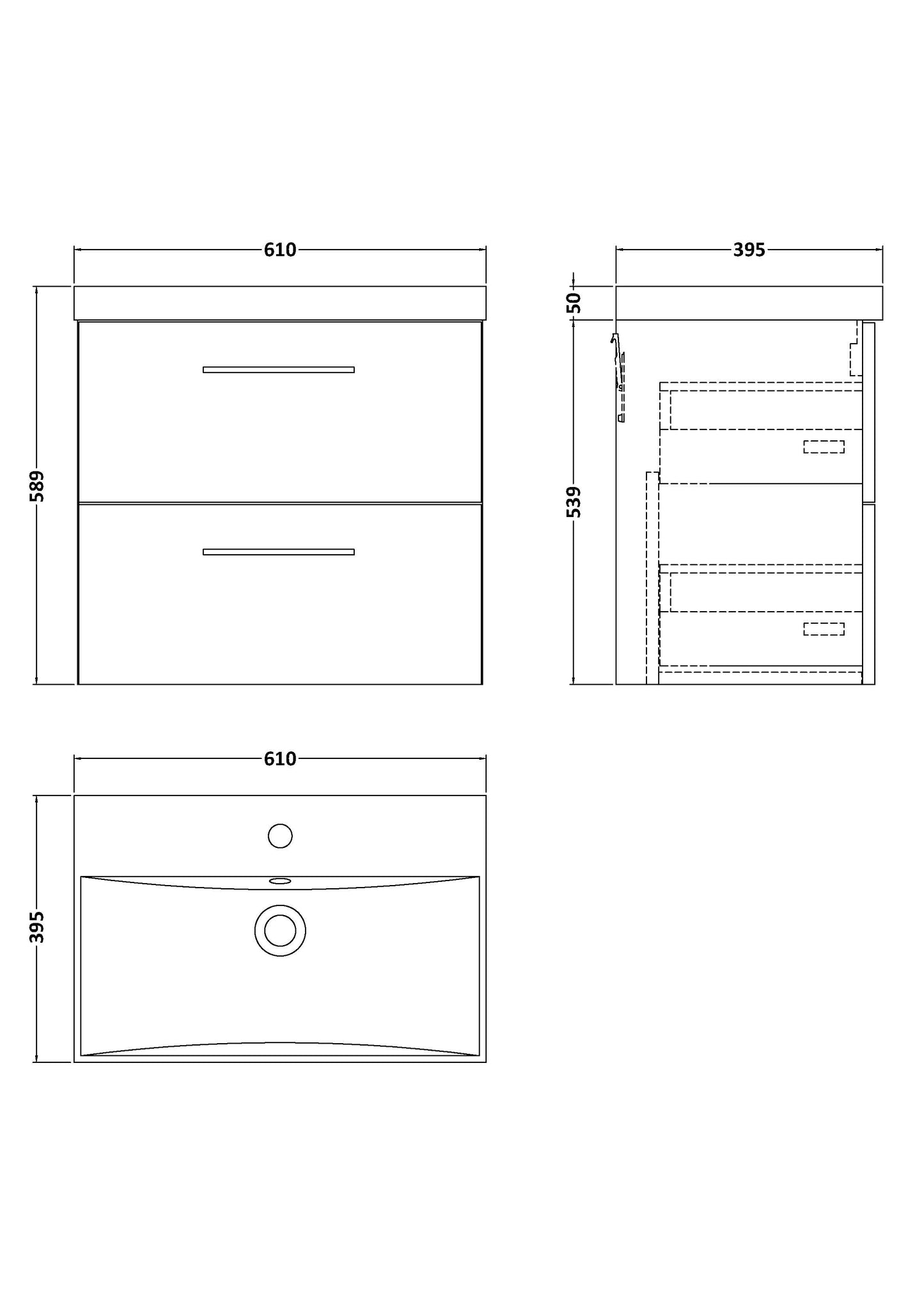 NUIE 600mm Wall Hung 2 Drawer Vanity & Basin 3