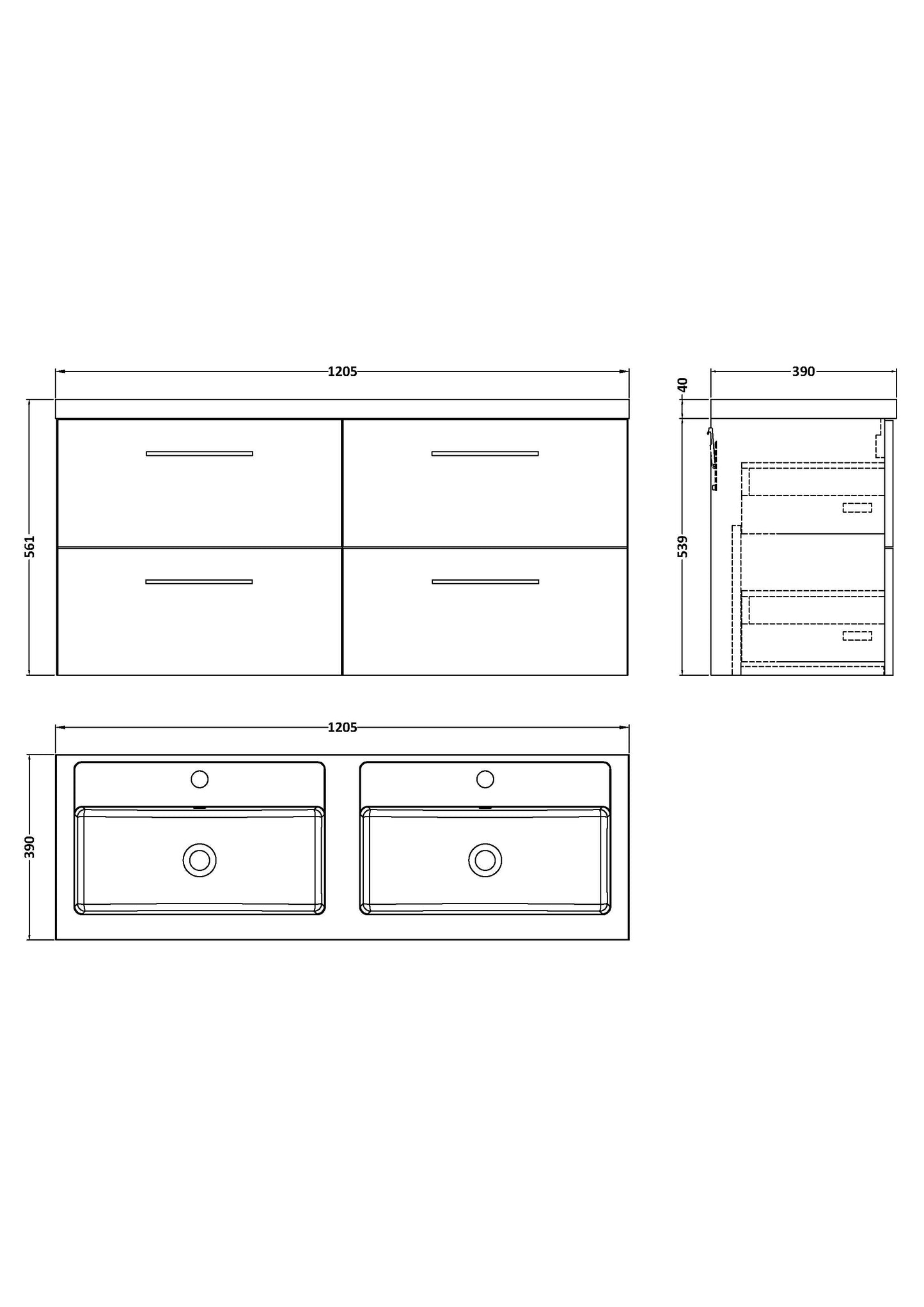 NUIE 1200mm Wall Hung 4-Drawer Vanity & Double Basin