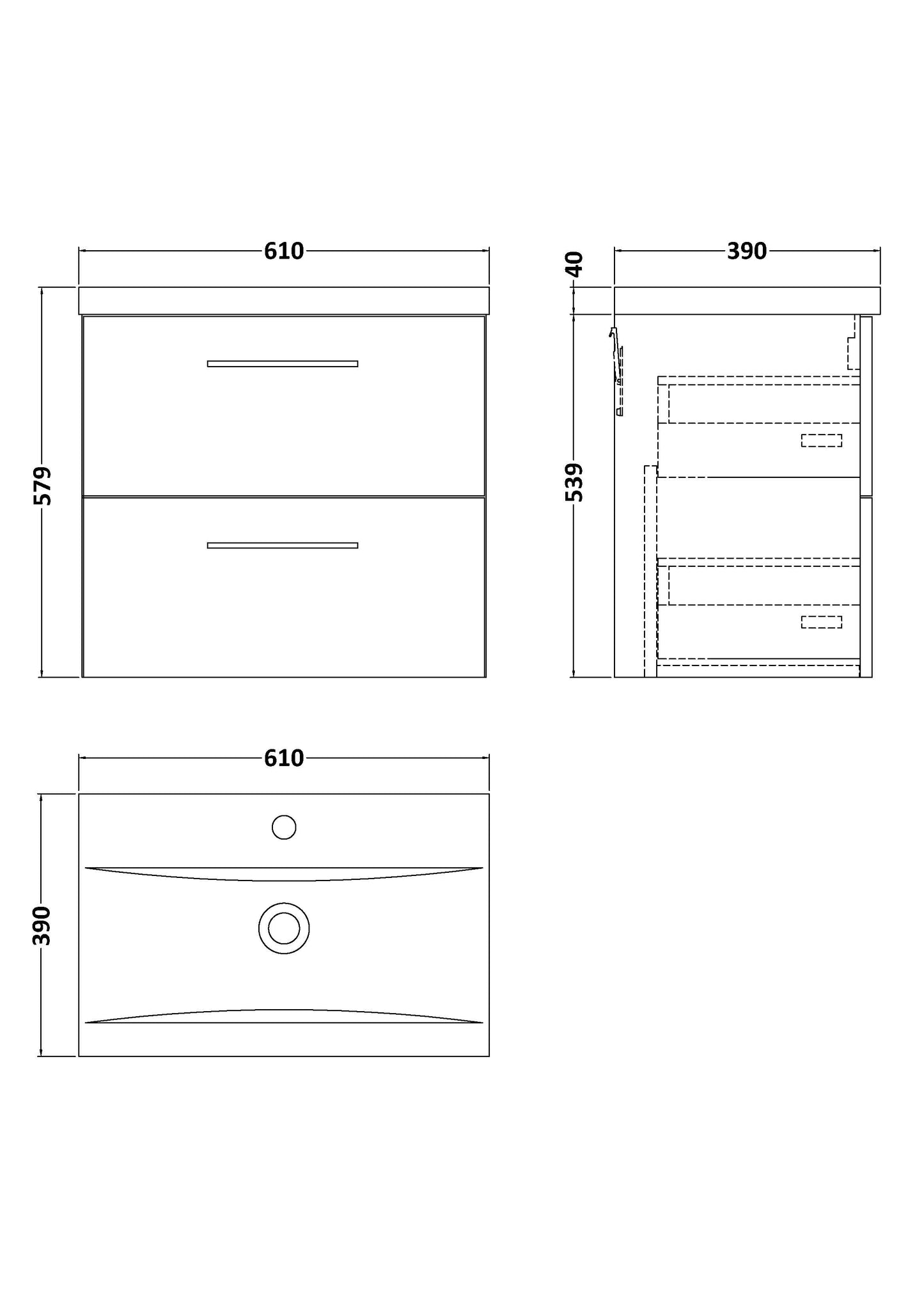 NUIE 600mm Wall Hung 2-Drawer Vanity & Basin 1