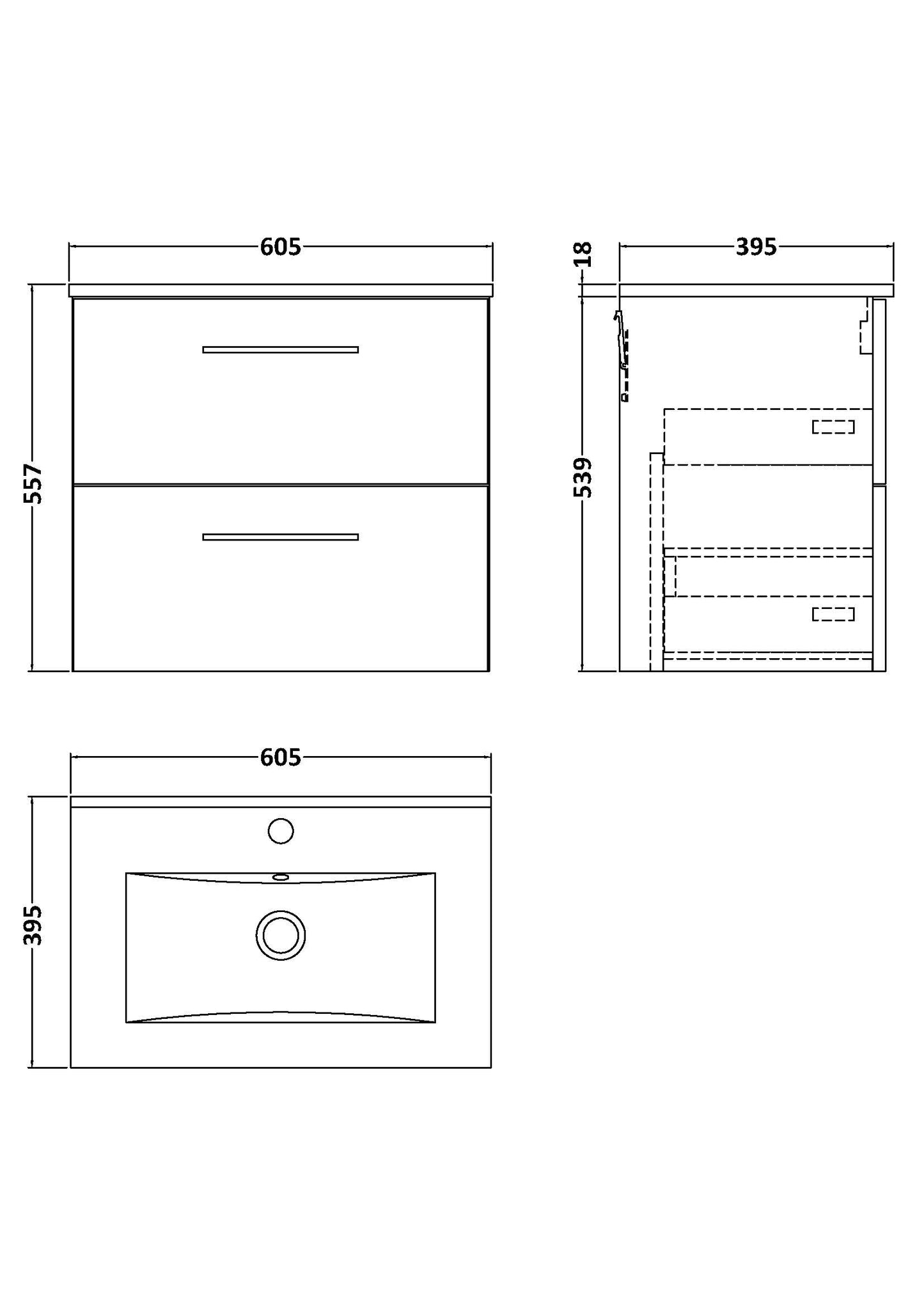 NUIE 600mm Wall Hung 2 Drawer Vanity & Basin 2