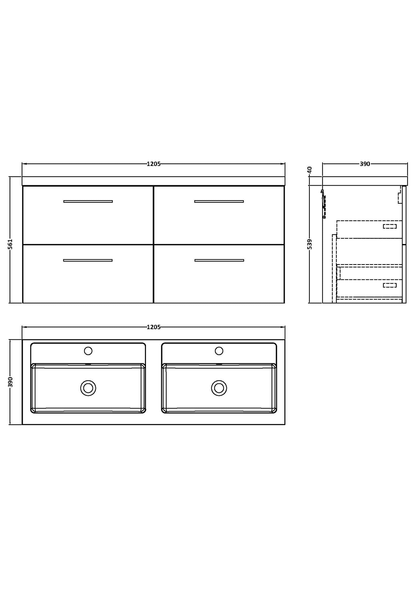 NUIE 1200mm Wall Hung 4 Drawer Vanity & Double Basin