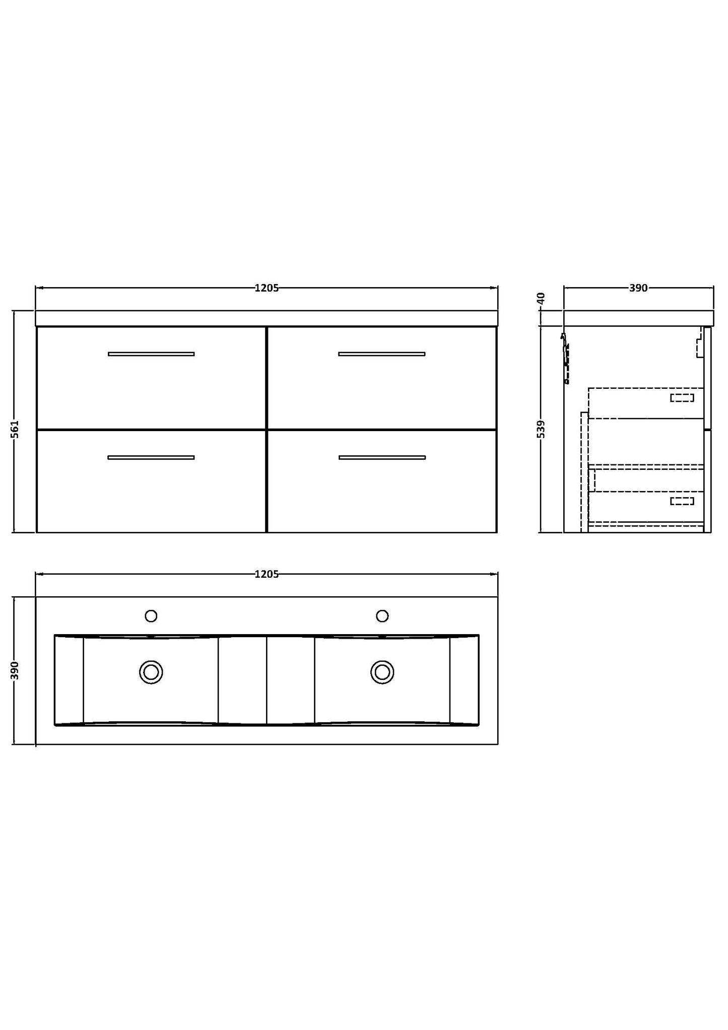 NUIE 1200mm Wall Hung 4 Drawer Vanity & Double Basin