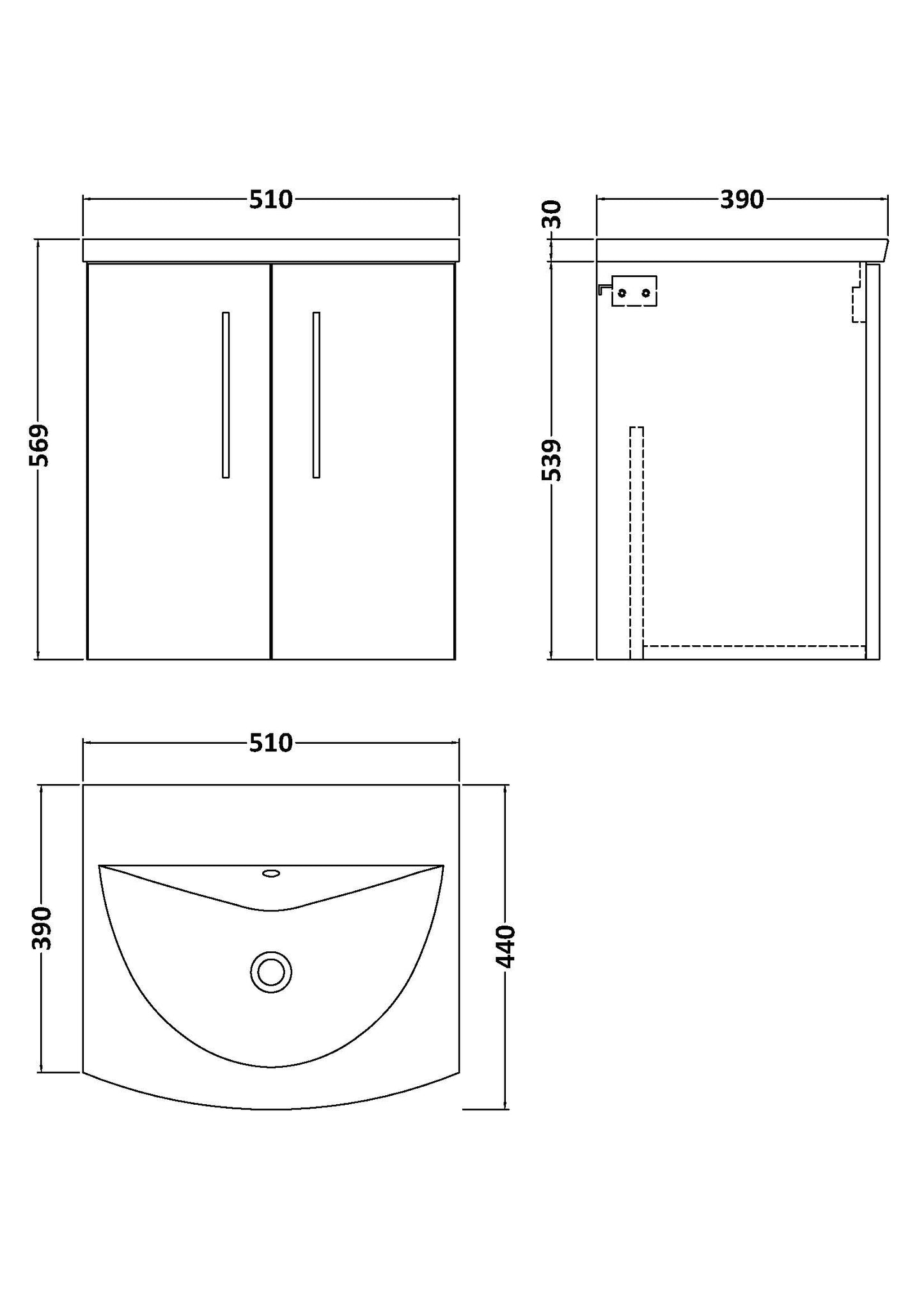 NUIE 500mm Wall Hung 2 Door Vanity & Basin 4
