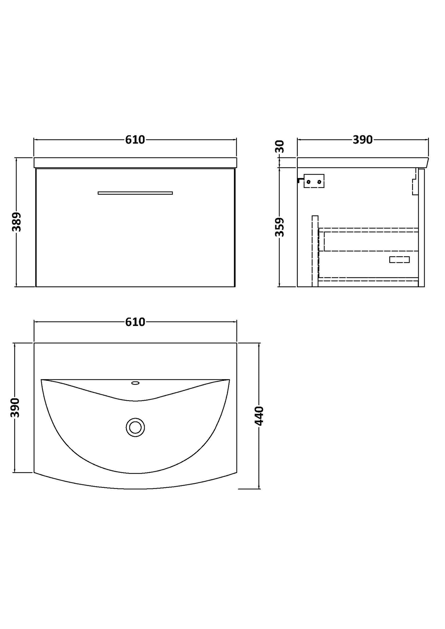 NUIE 600mm Wall Hung 1 Drawer Vanity & Basin 4