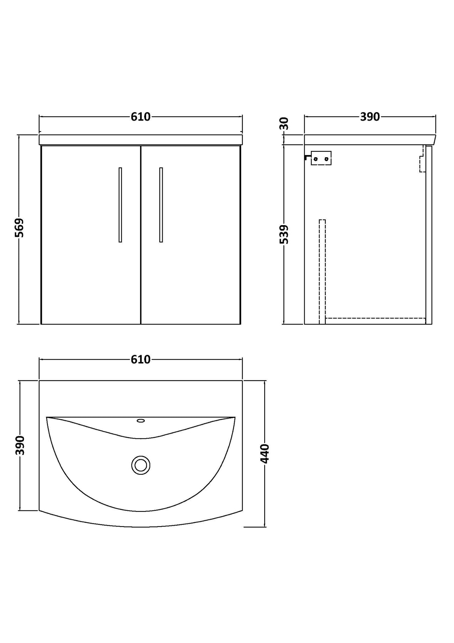 NUIE 600mm Wall Hung 2 Door Vanity & Basin 4