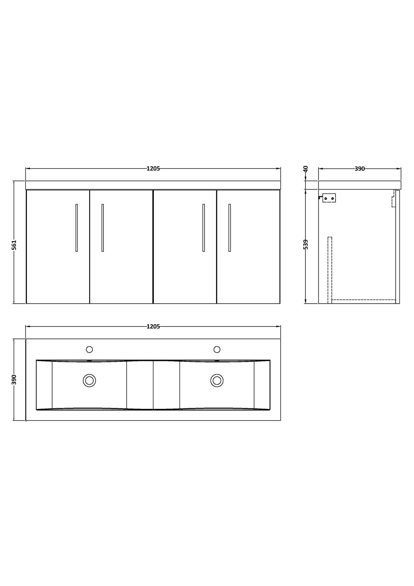 NUIE 1200mm Wall Hung 4 Door Vanity & Double Basin