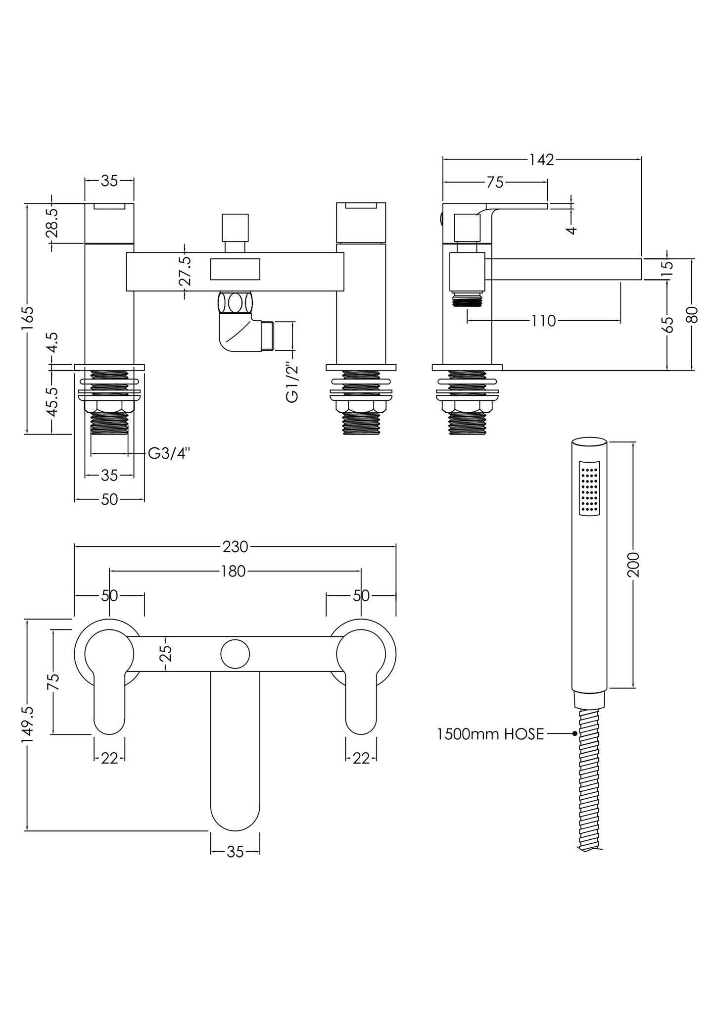 NUIE Deck Mounted Bath Shower Mixer With Kit