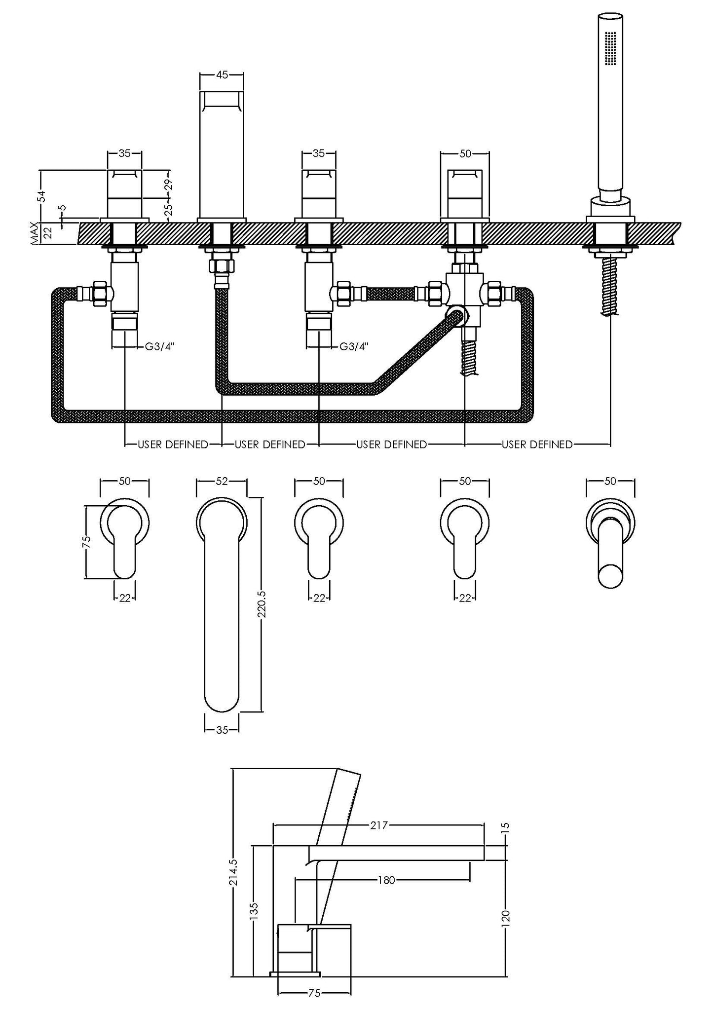 NUIE Deck Mounted 5 Tap Hole Bath Shower Mixer