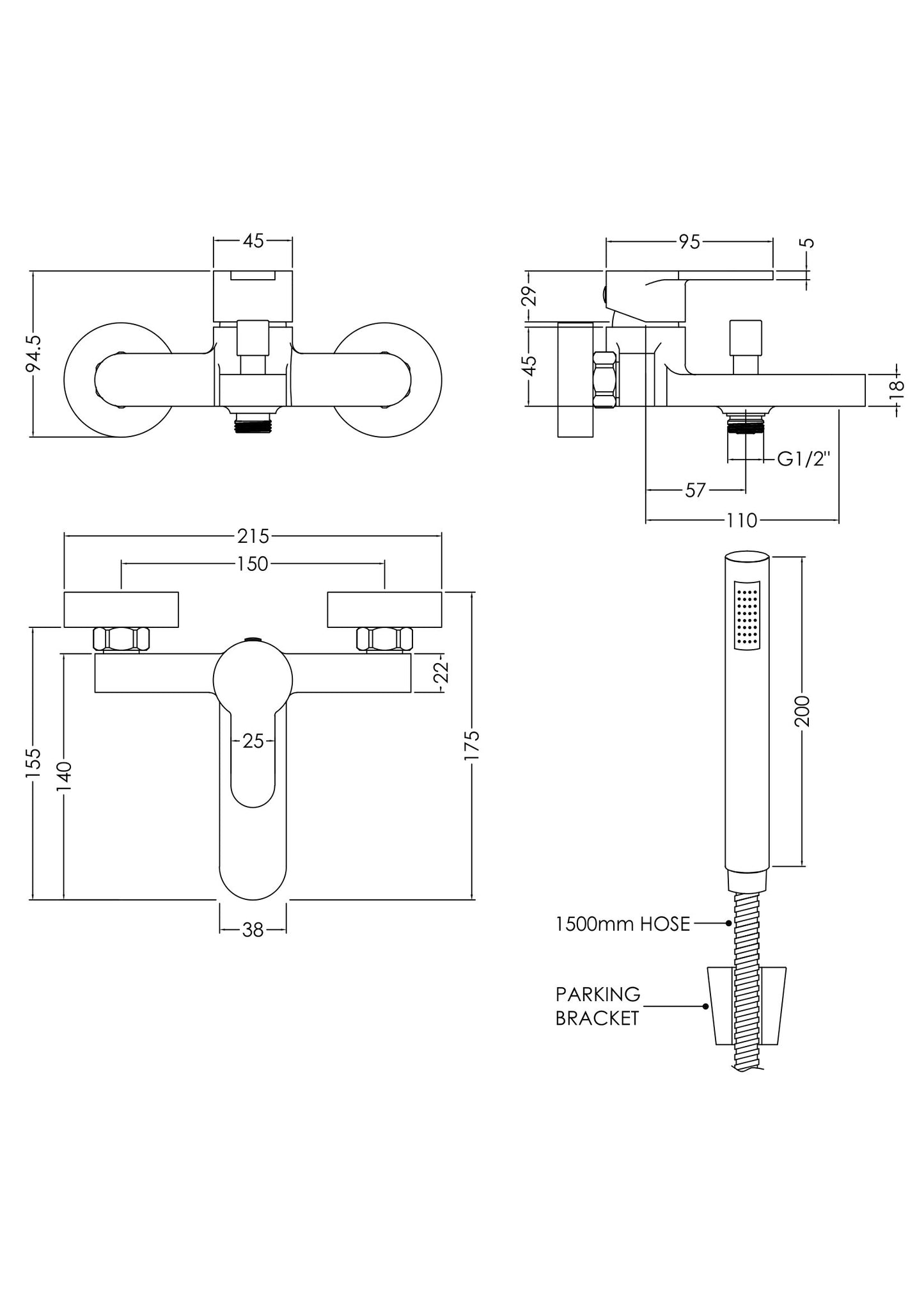 NUIE Wall Mounted Bath Shower Mixer With Kit