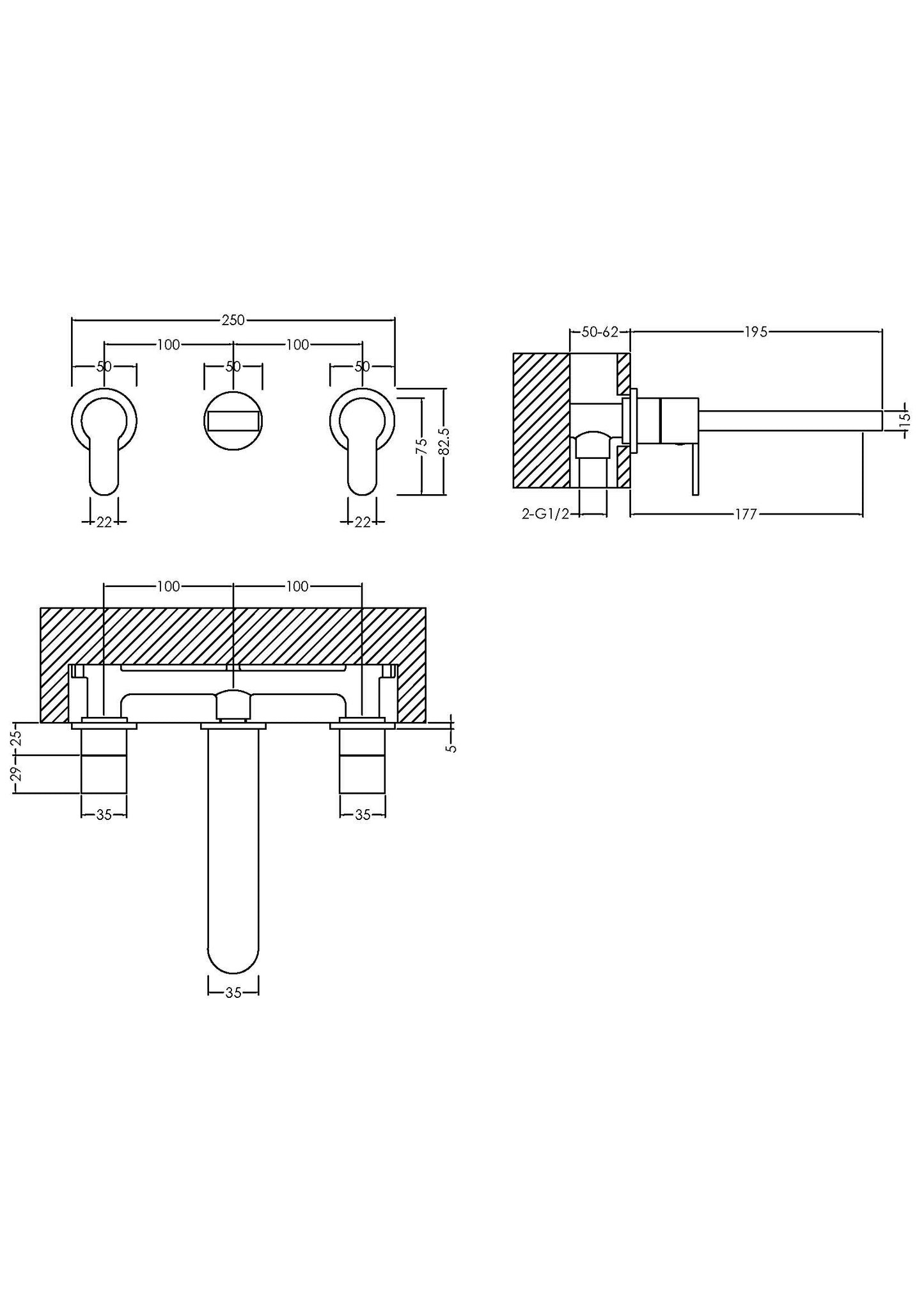 NUIE Wall Mounted 3 Tap Hole Basin Mixer