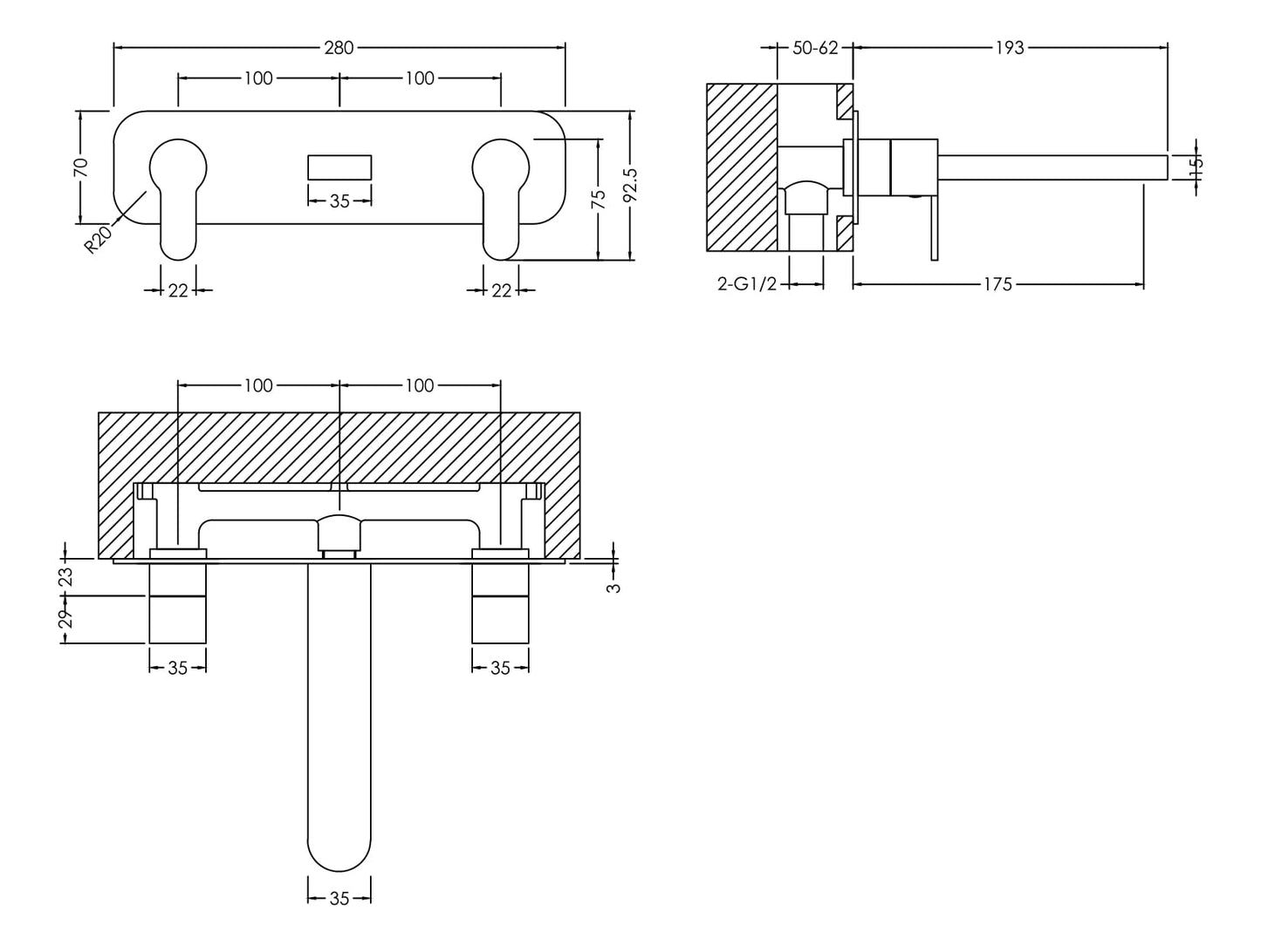 NUIE Wall Mounted 3 Tap Hole Basin Mixer With Plate
