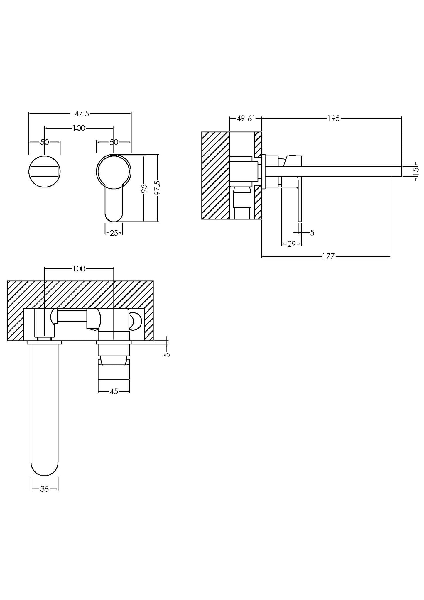 NUIE Wall Mounted 2 Tap Hole Basin Mixer