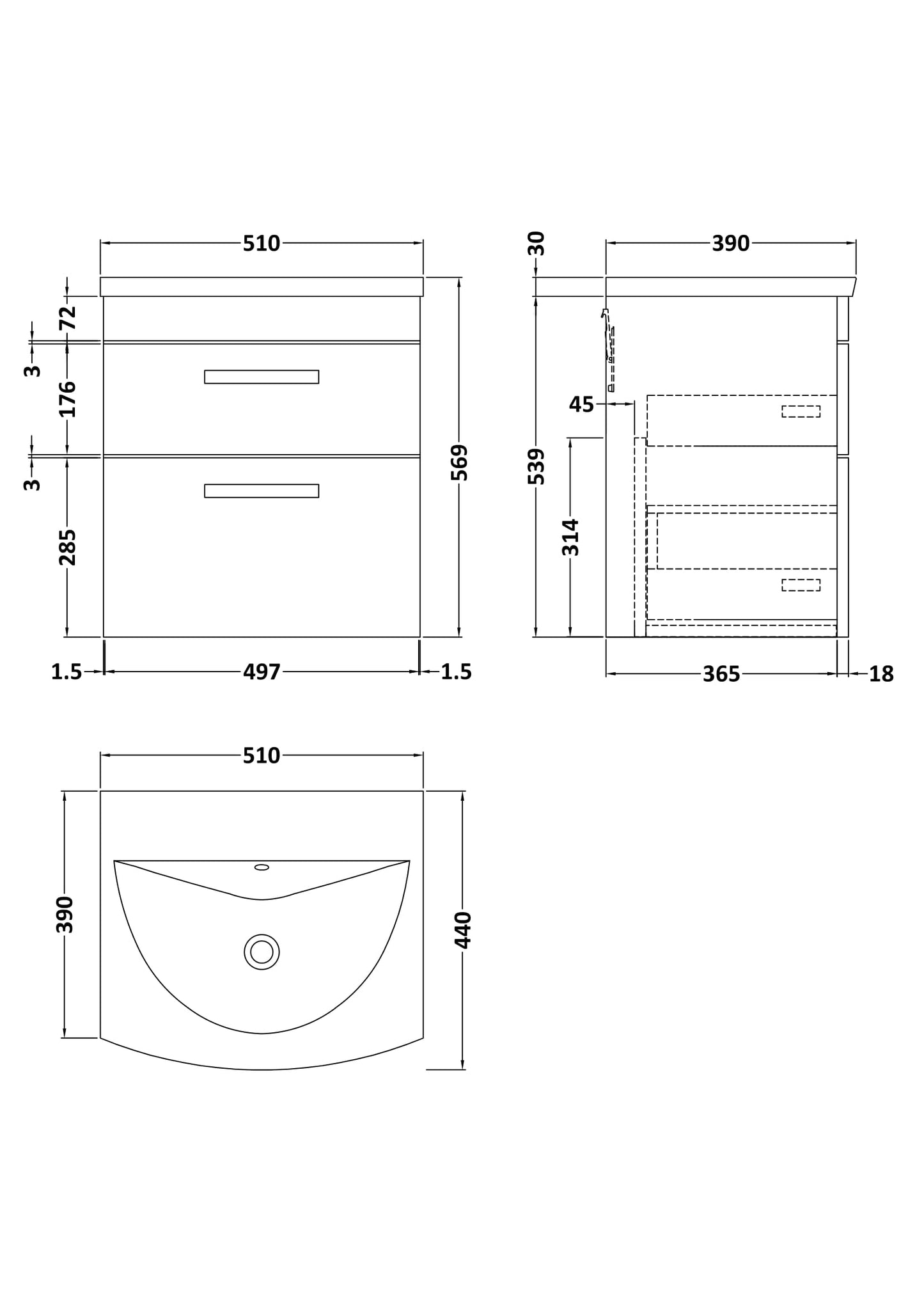 NUIE 500mm Wall Hung Vanity With Basin 4