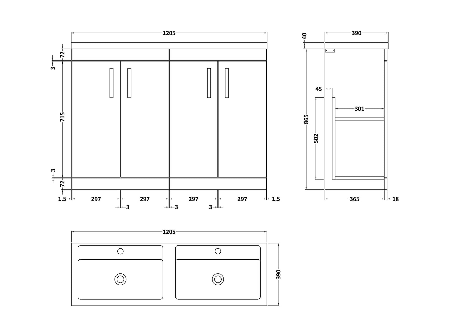 NUIE 1200mm Floor Standing Cabinet With Double Ceramic Basin