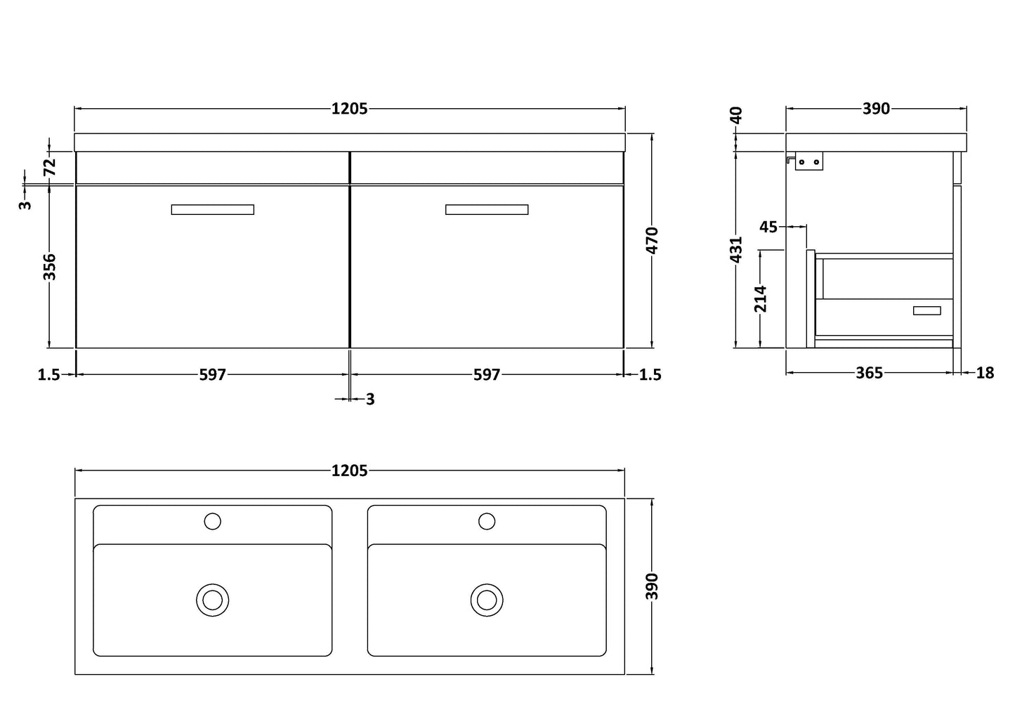 NUIE 1200mm Wall Hung Cabinet With Double Ceramic Basin