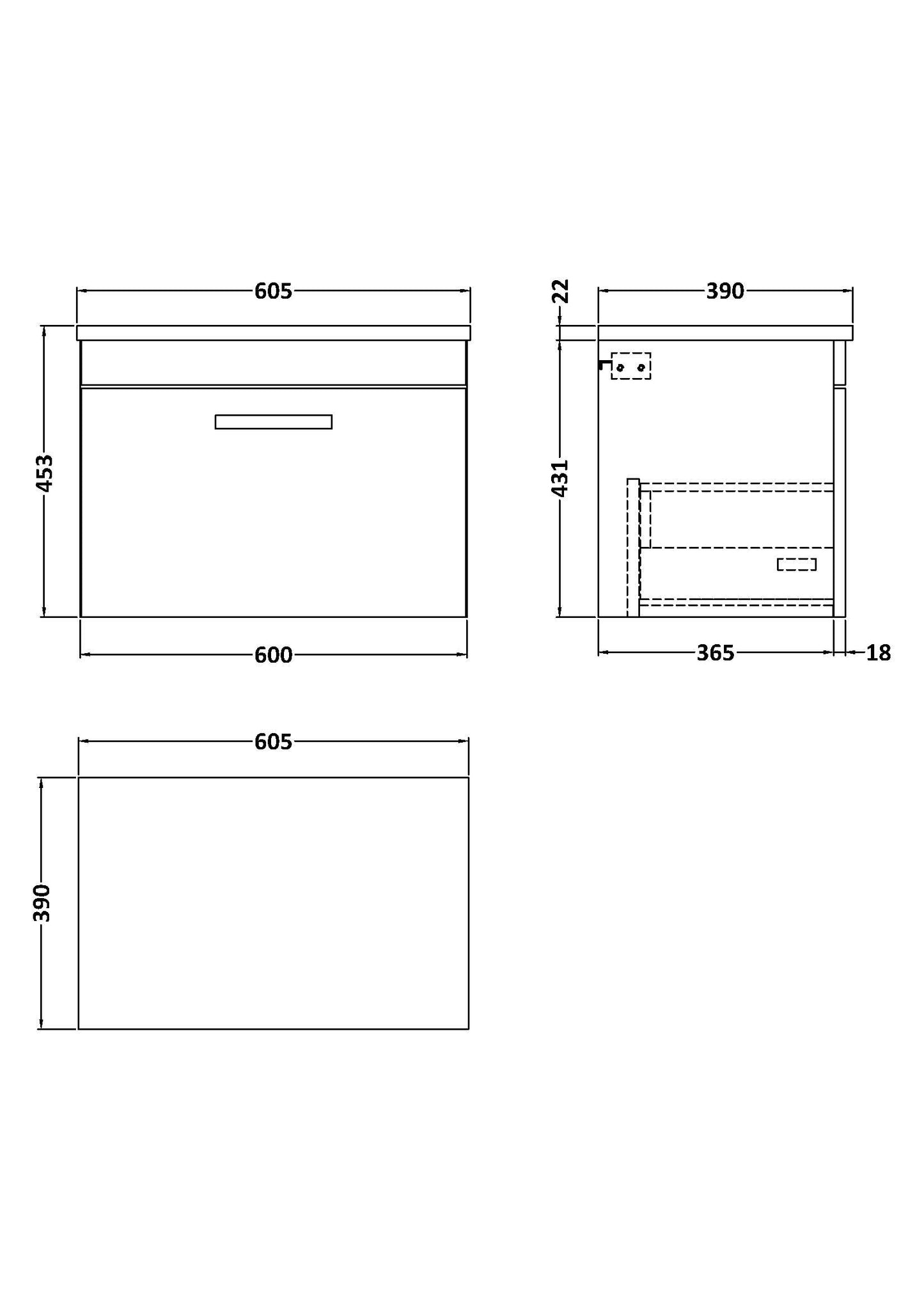 NUIE 600 Wall Hung Single Drawer Unit & Laminate Worktop
