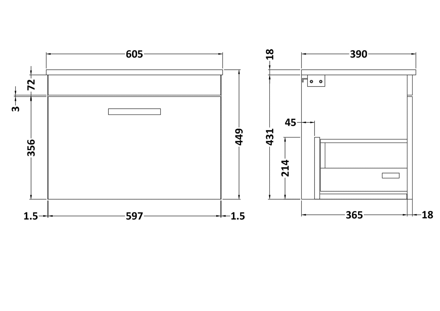 NUIE 600mm Wall Hung Vanity With Worktop