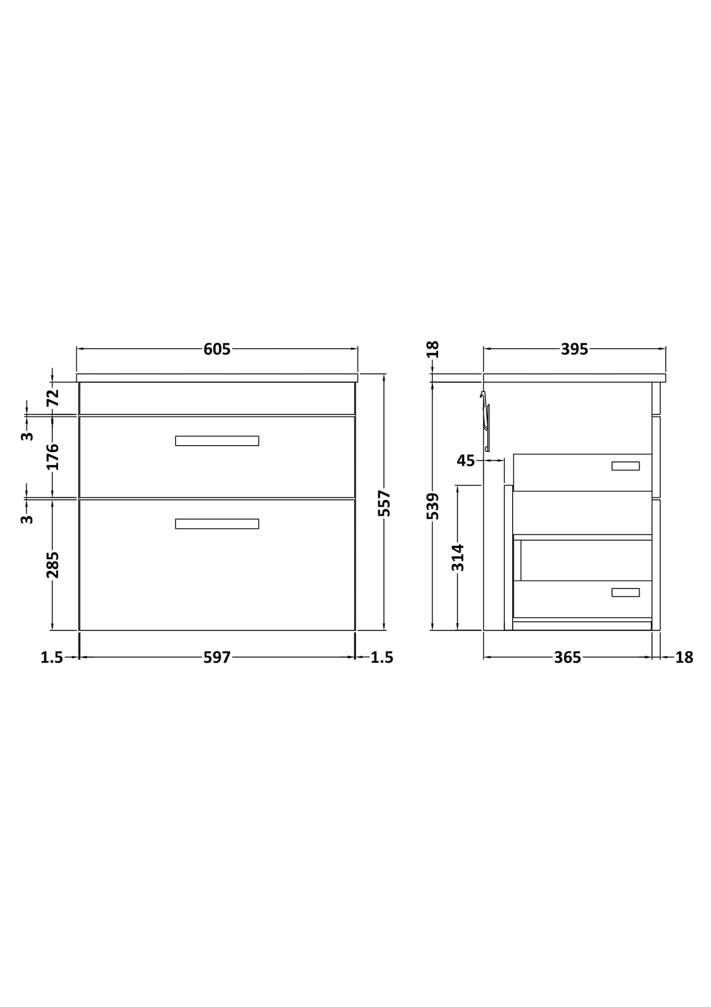 NUIE 600mm Wall Hung Vanity With Basin 2