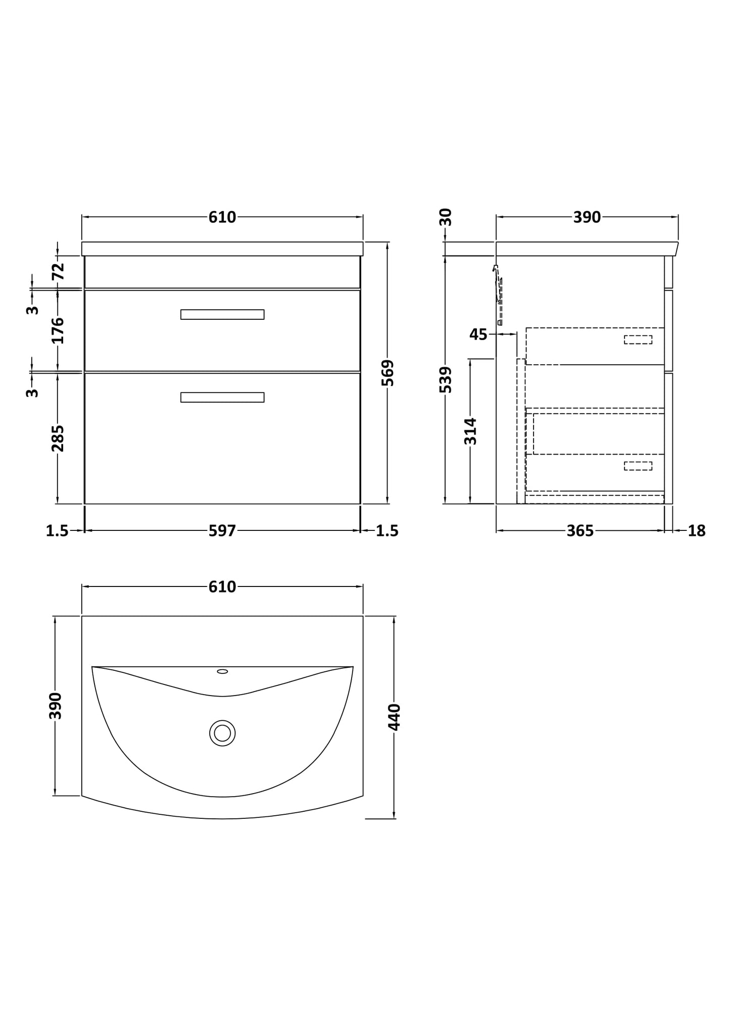NUIE 600mm Wall Hung Vanity With Basin 4