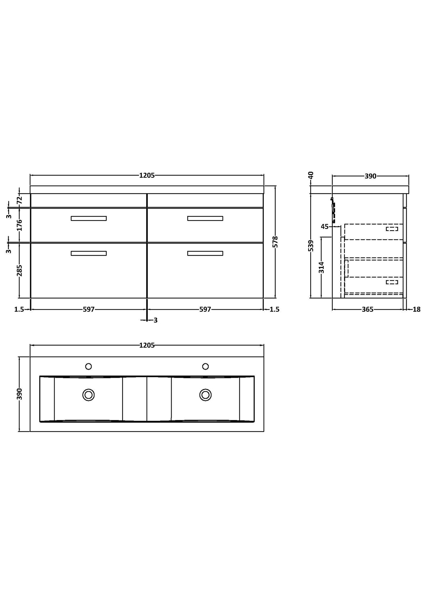 NUIE 1200mm Wall Hung Cabinet With Double Ceramic Basin