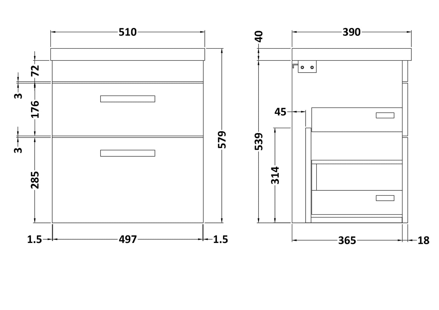 NUIE 500mm Wall Hung Cabinet With Basin 1