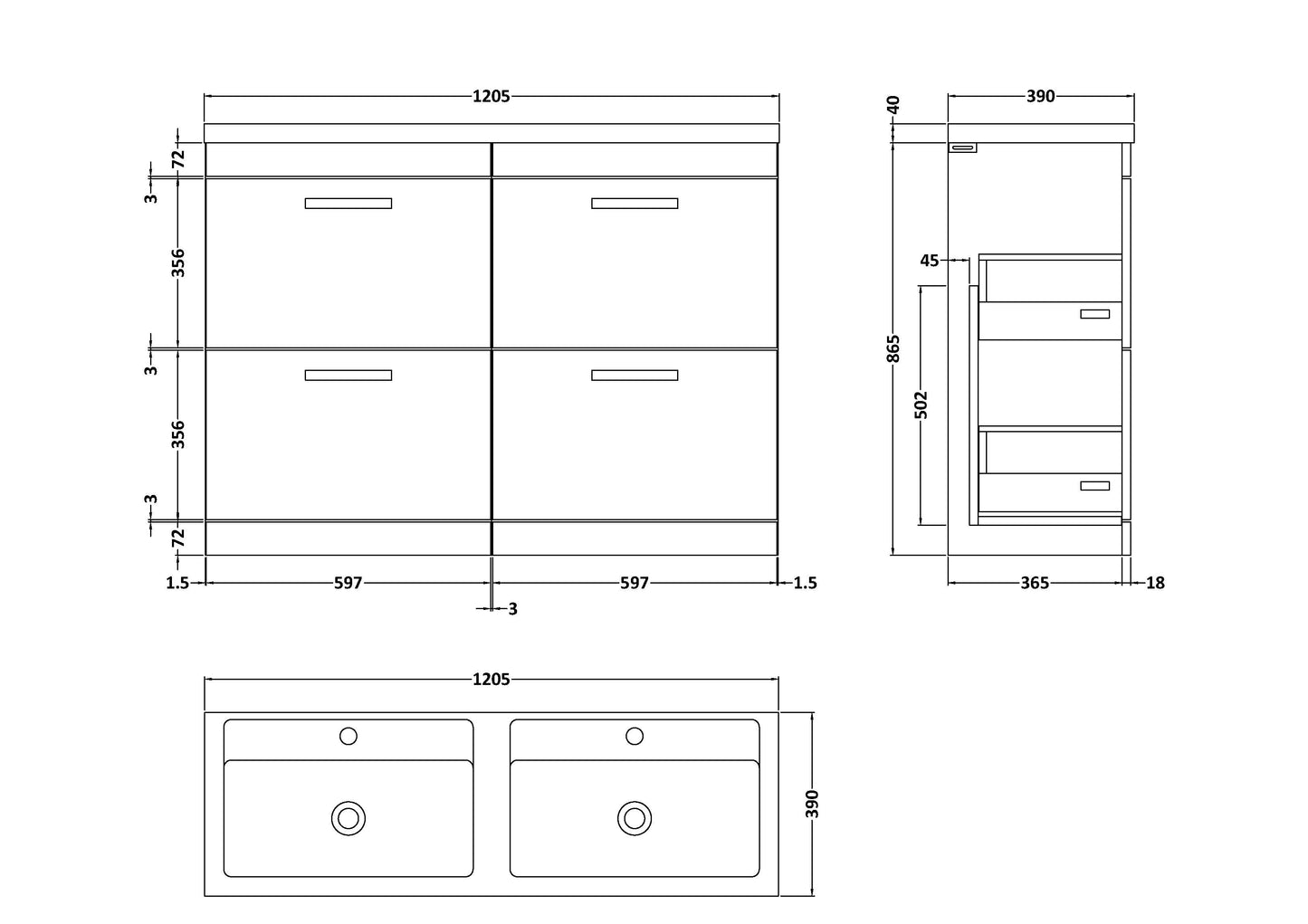 NUIE 1200mm Floor Standing Cabinet With Double Ceramic Basin