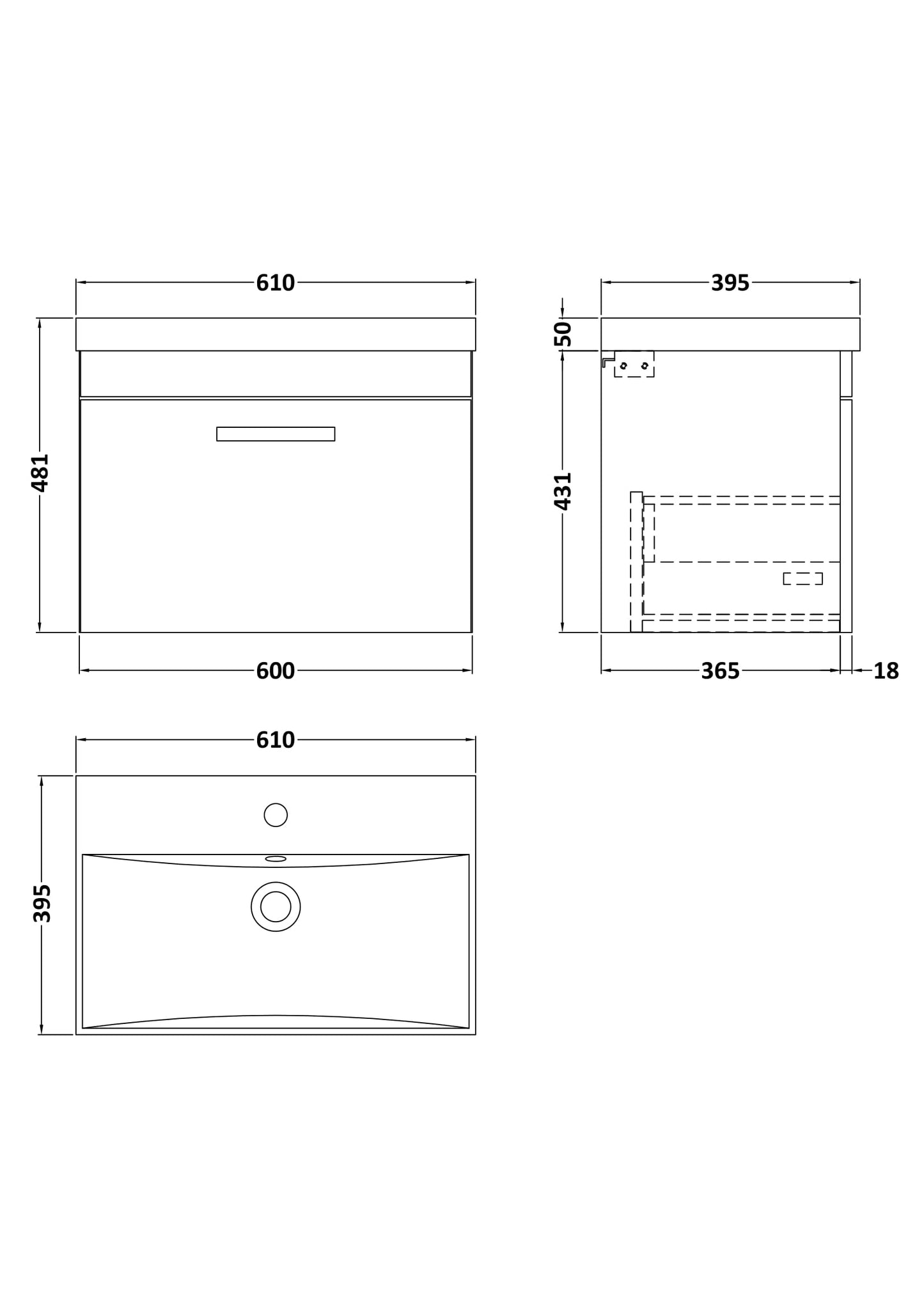 NUIE 600mm Wall Hung Cabinet With Basin 3