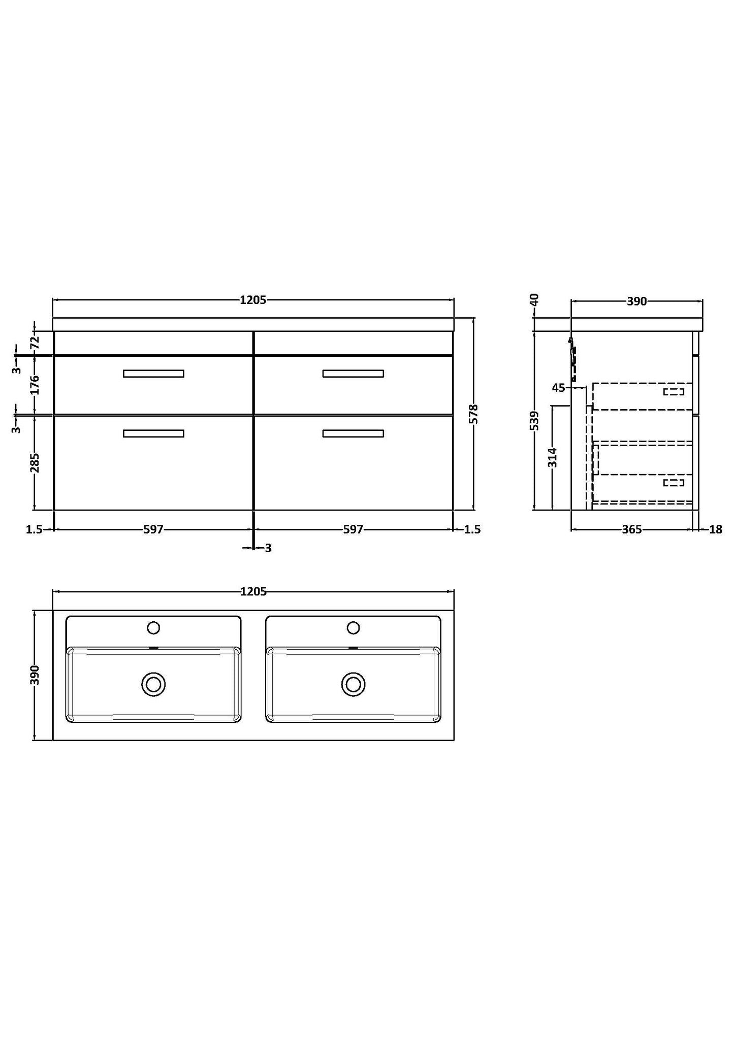 NUIE 1200mm Wall Hung Cabinet With Double Basin