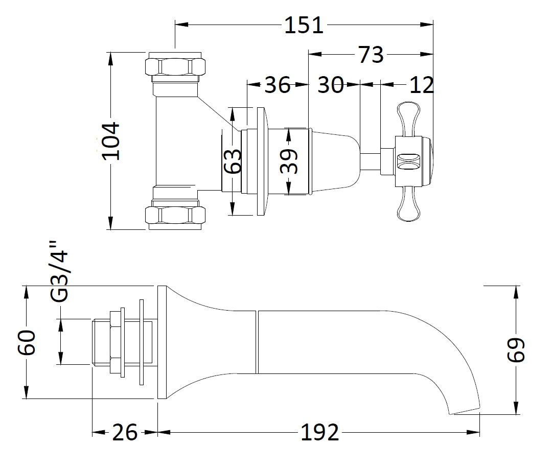 Hudson Reed Wall Mounted Bath Spout & Stop Taps
