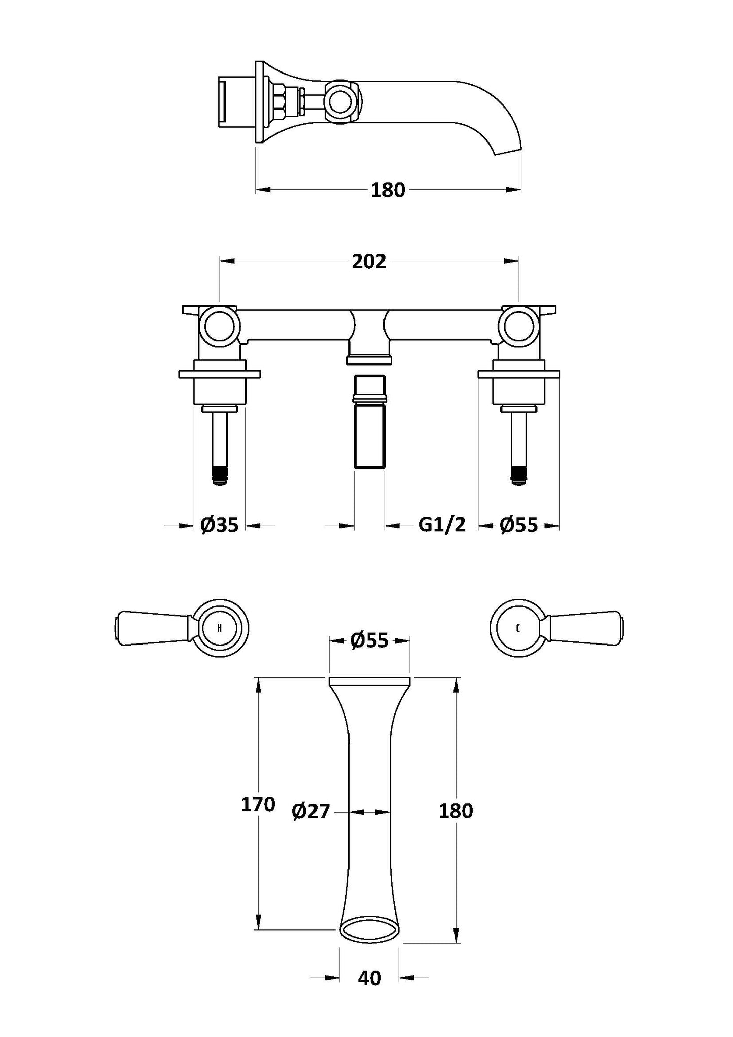 Hudson Reed 3 Tap Hole Wall Mounted Basin Mixer