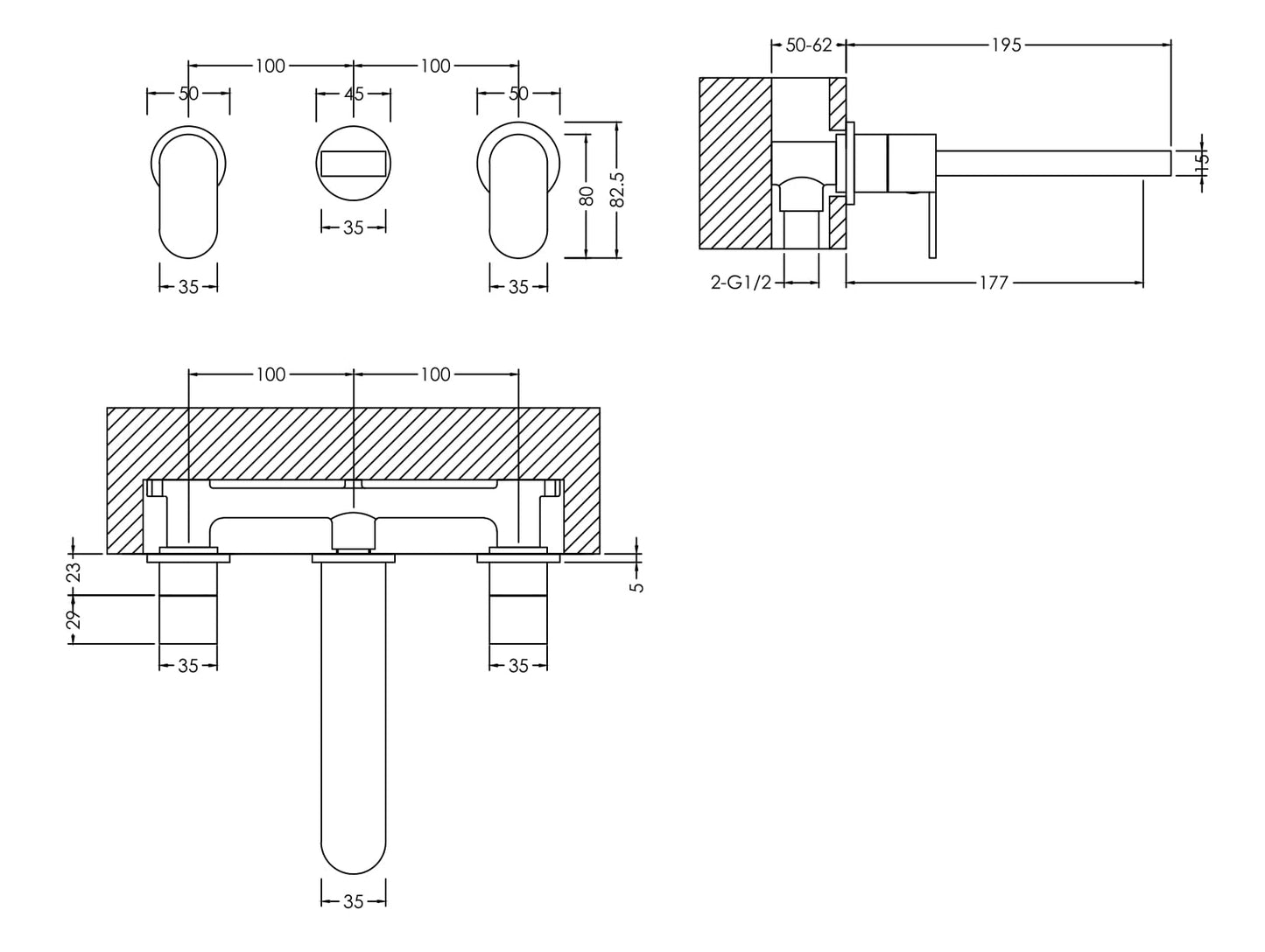 NUIE Wall Mounted 3 Tap Hole Basin Mixer