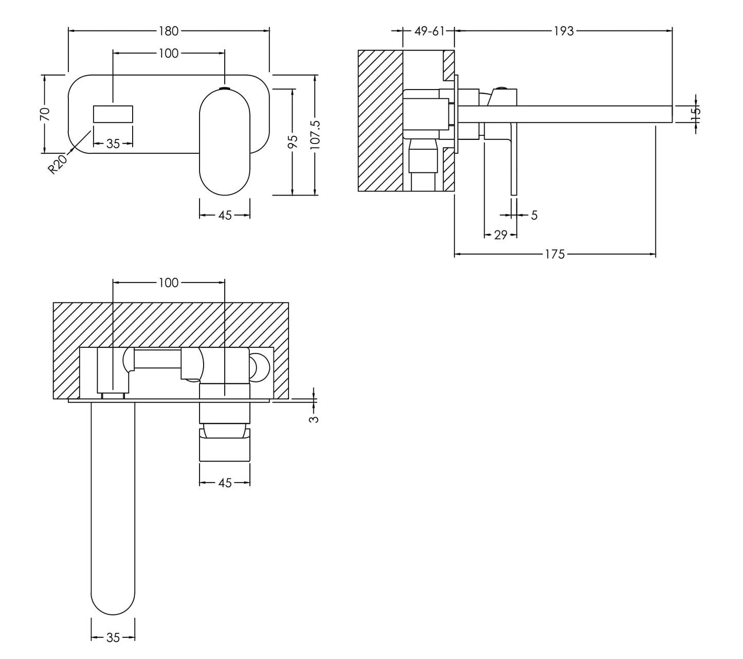 NUIE Wall Mounted 2 Tap Hole Basin Mixer With Plate