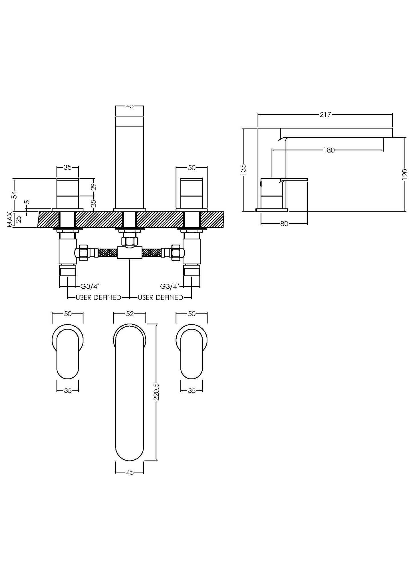 NUIE Deck Mounted 3 Tap Hole Bath Filler