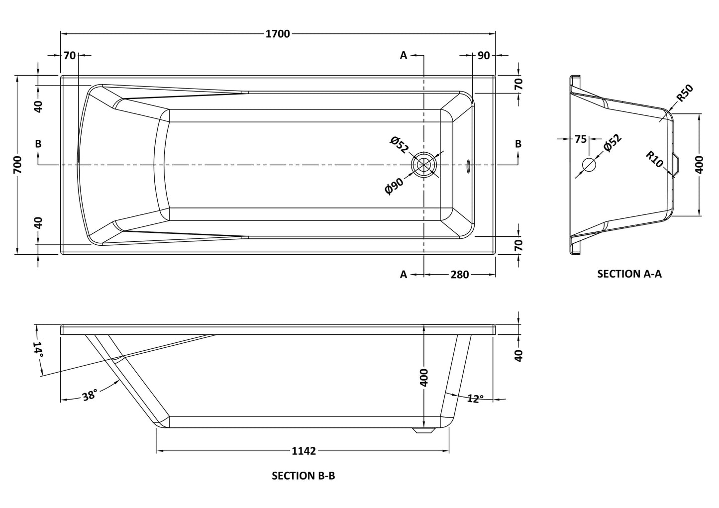 NUIE Eternalite Square Single Ended Bath 1700 x 700mm