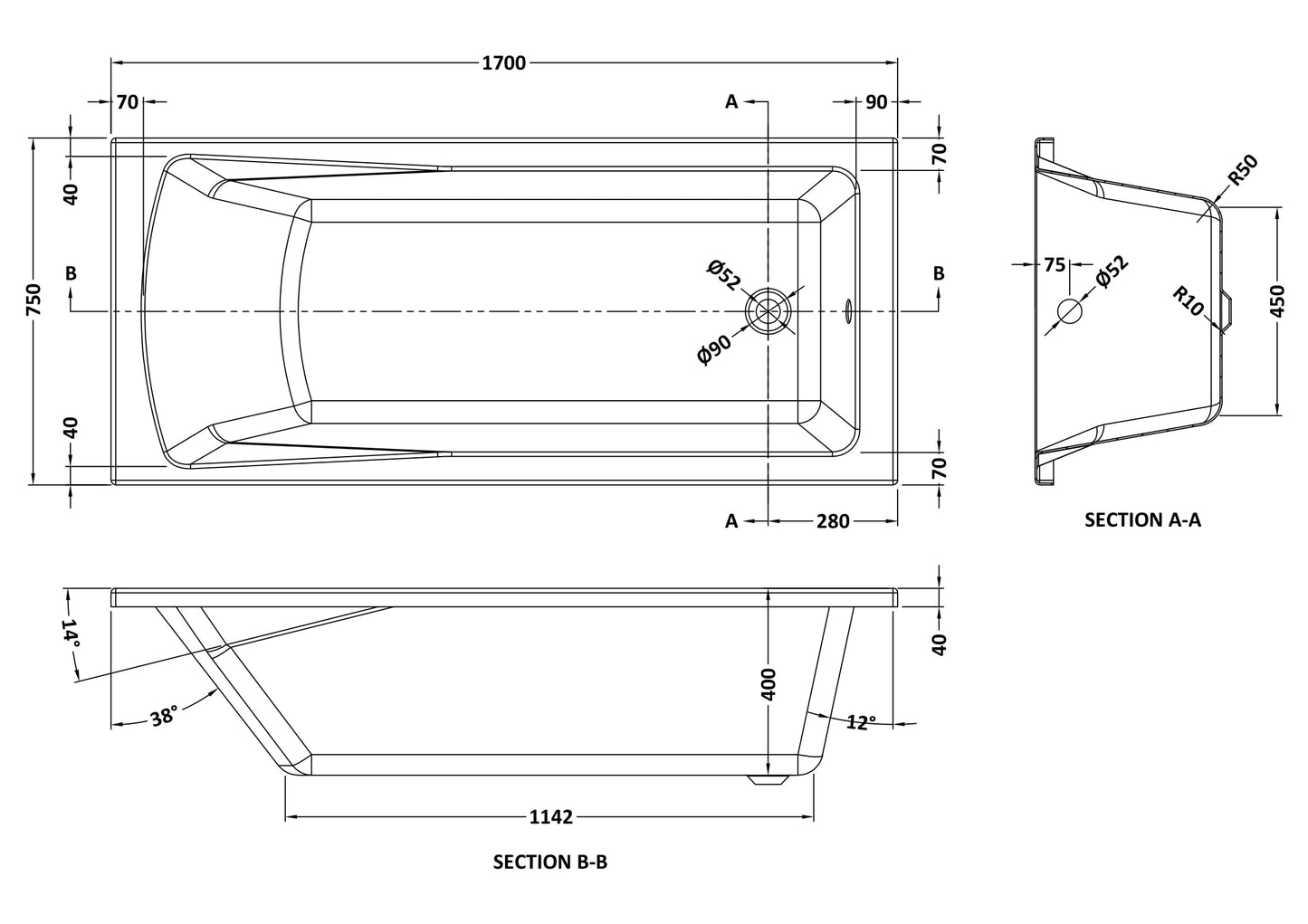 NUIE Eternalite Square Single Ended Bath 1700 x 750mm