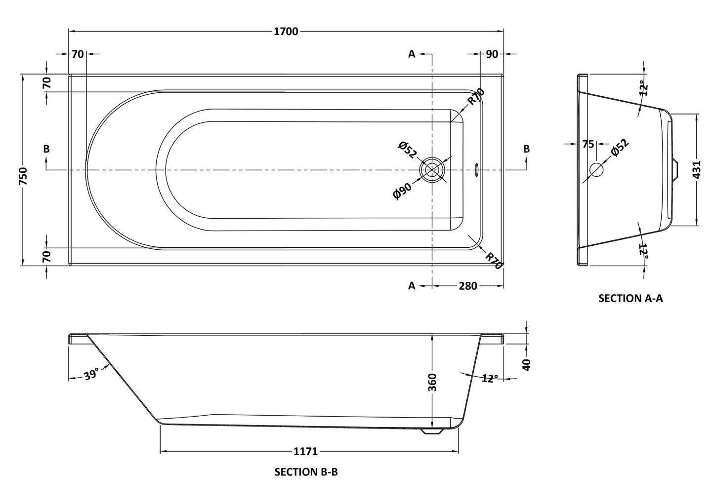 NUIE Eternalite Round Single Ended Bath 1700 x 750mm