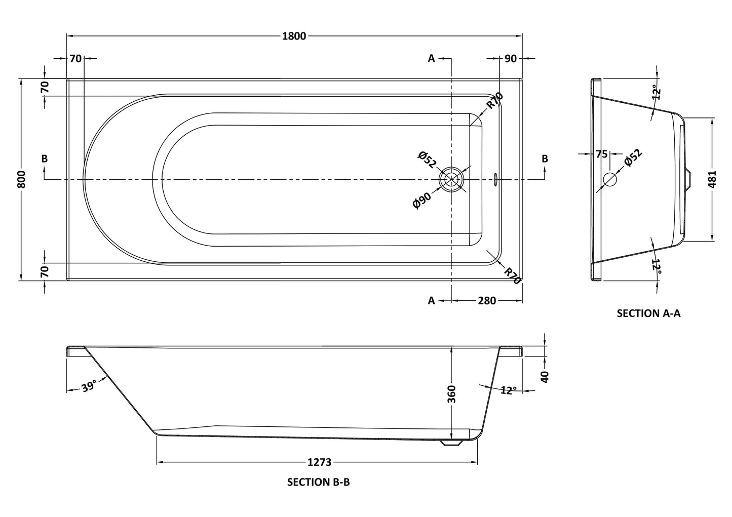 NUIE Eternalite Round Single Ended Bath 1800 x 800mm