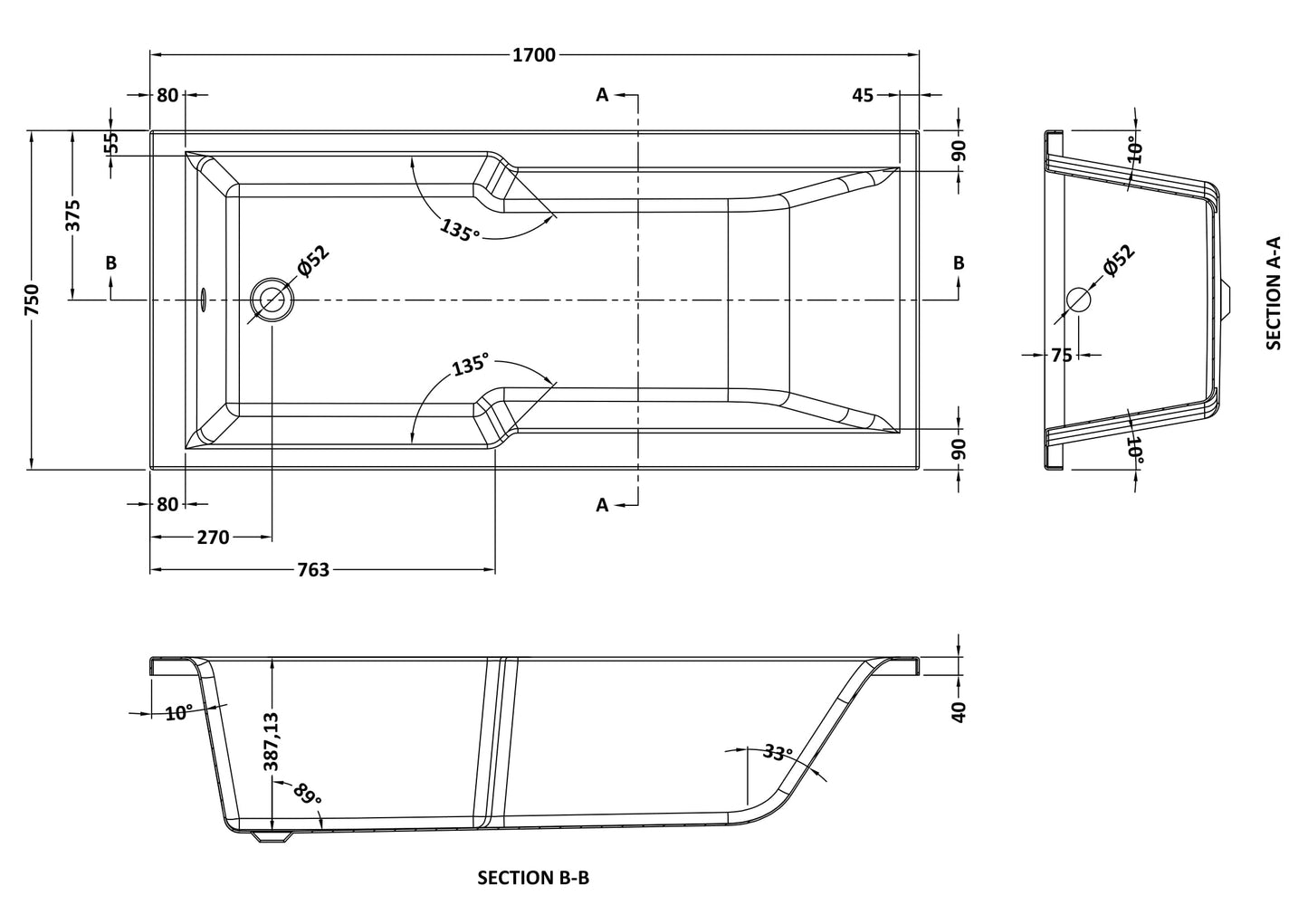 NUIE Eternalite Square Straight Shower Bath 1700 x 750mm