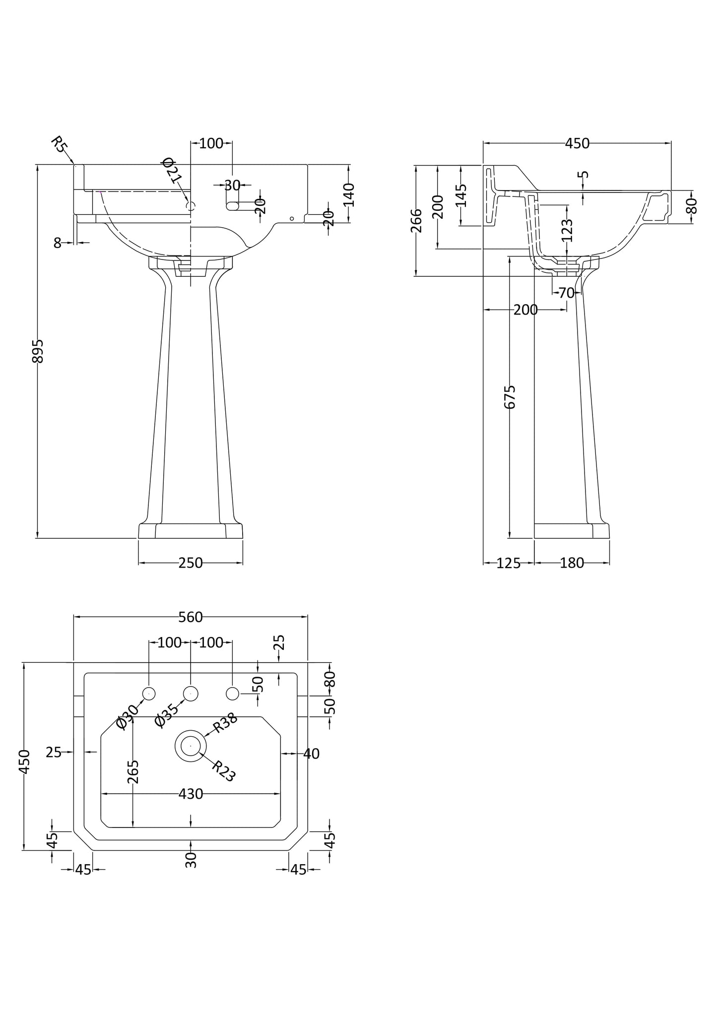 Hudson Reed 560mm Basin & Pedestal (3 Tap Hole)