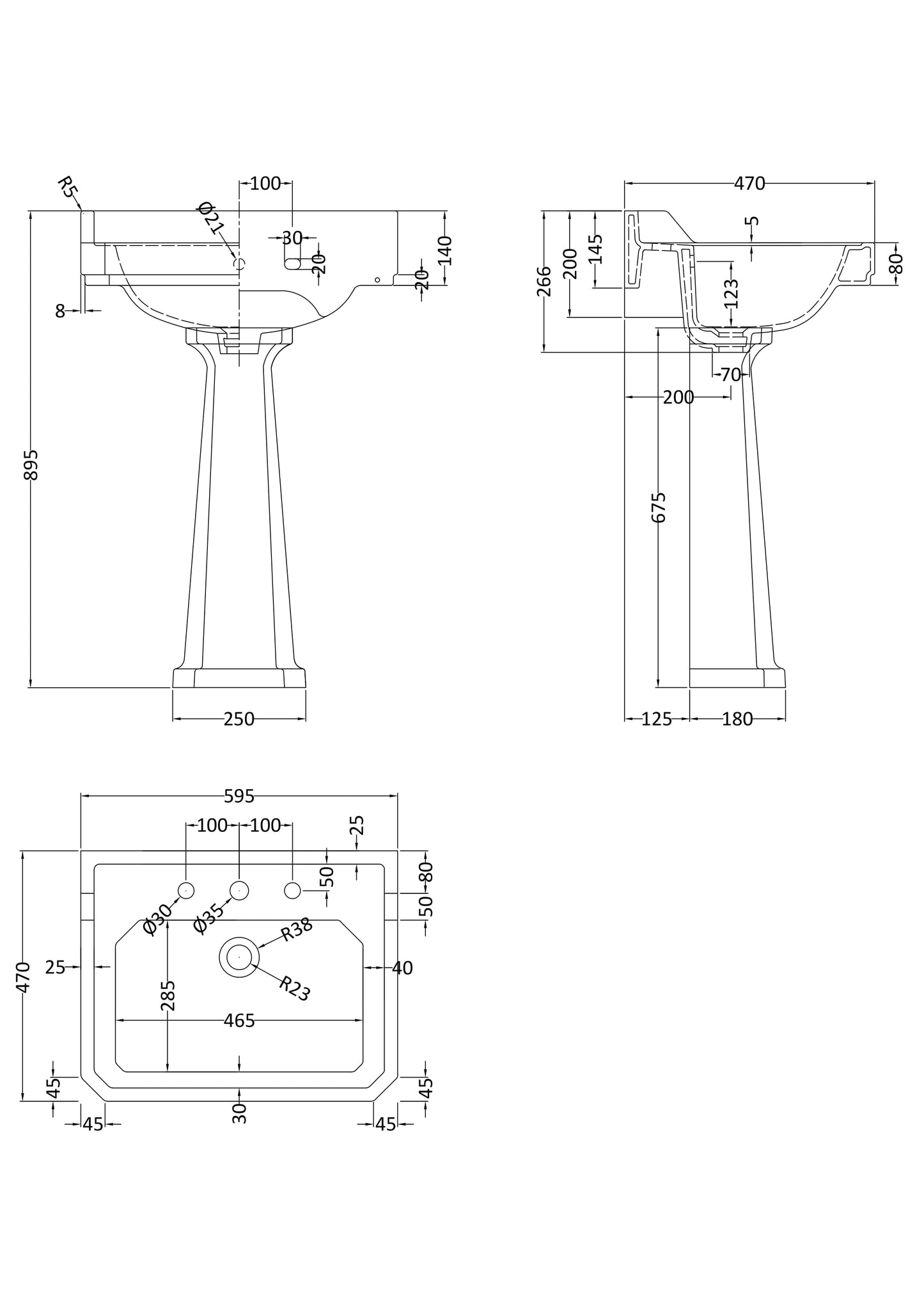Hudson Reed 600mm Basin & Pedestal (3 Tap Hole)