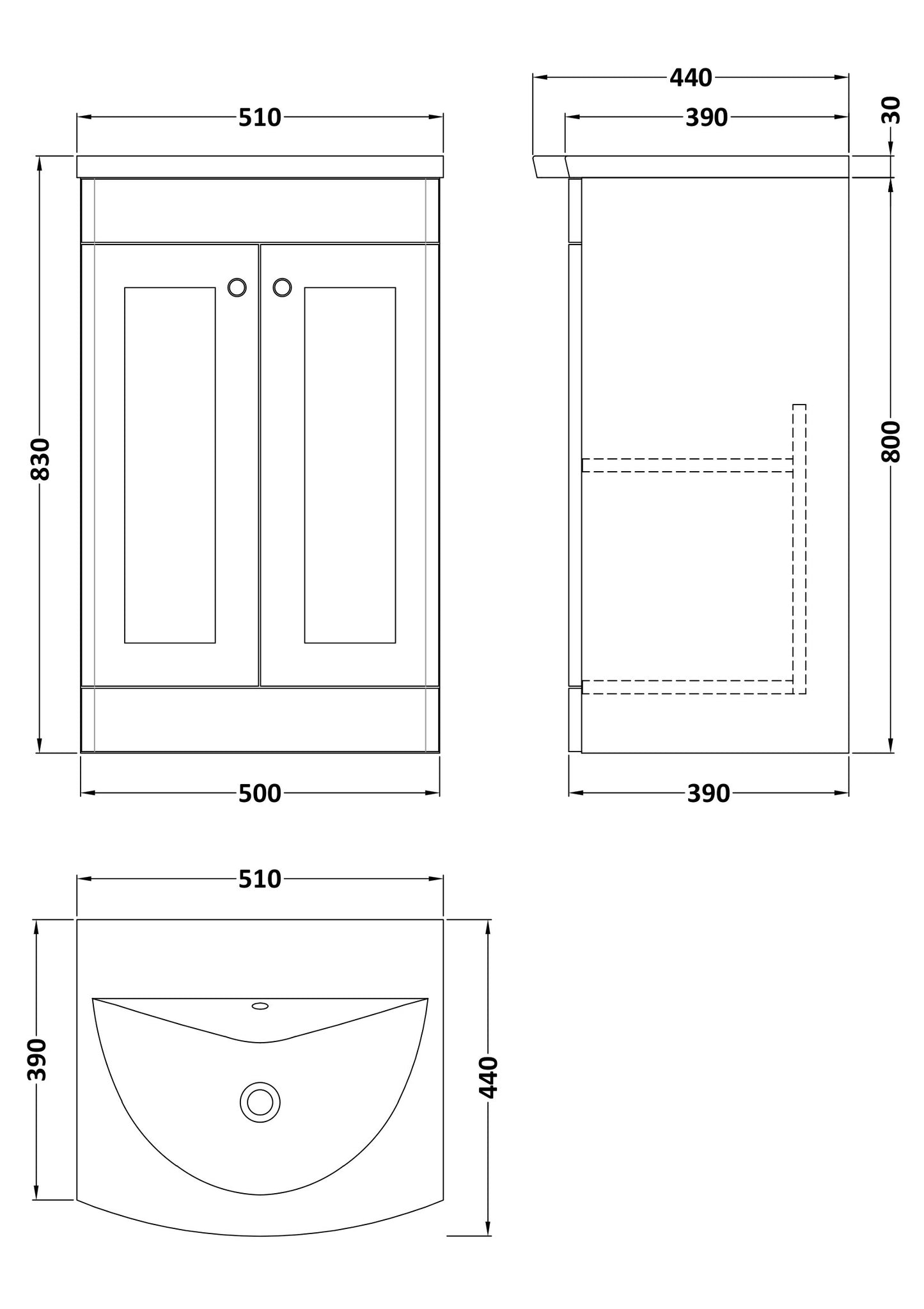 NUIE 500mm Floor Standing 2-Door Unit & Curved Basin