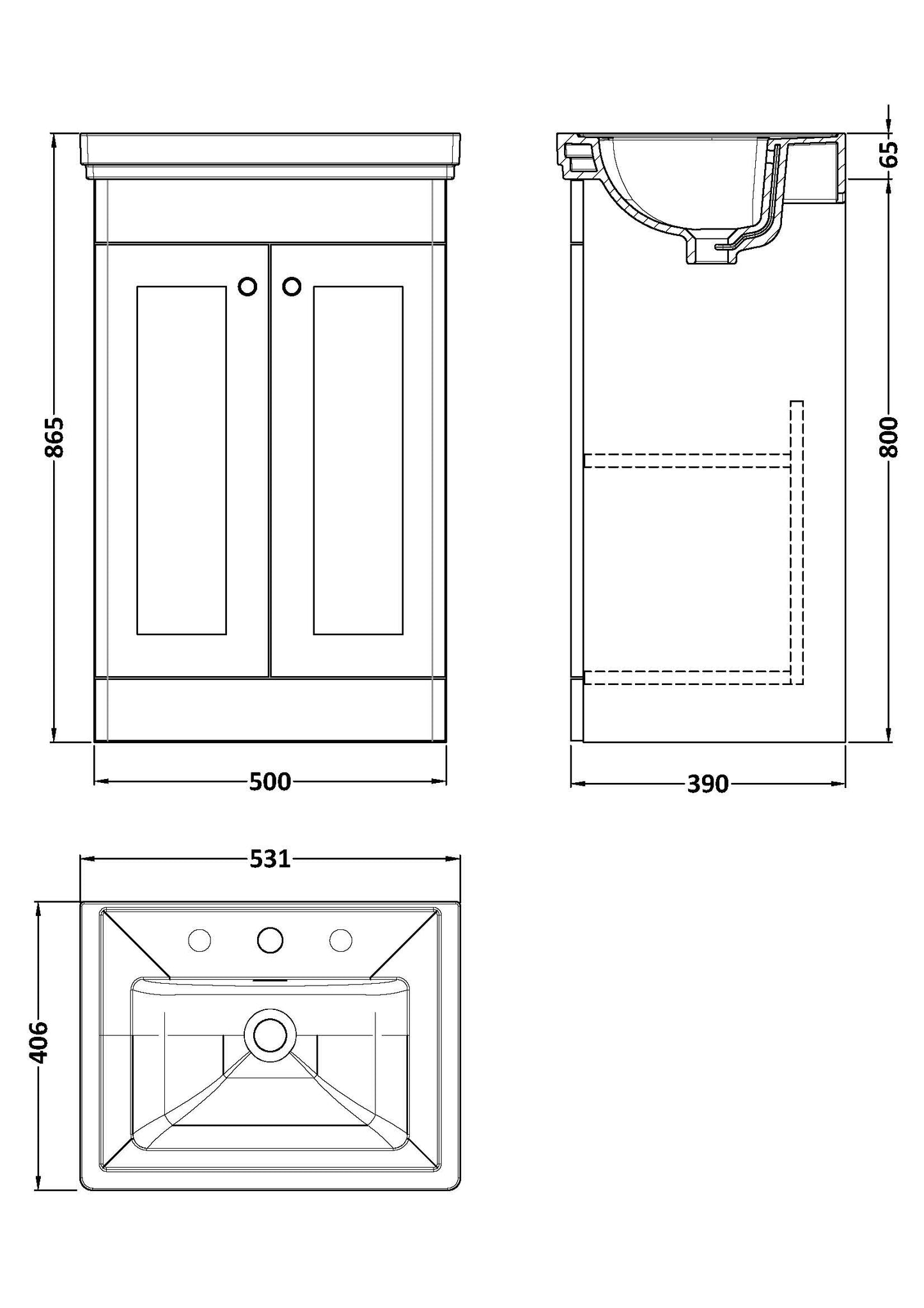 NUIE 500mm Floor Standing 2-Door Vanity & Basin 3TH