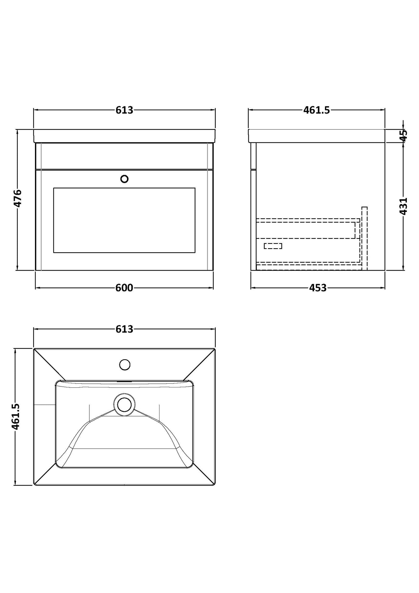 NUIE 600mm Wall Hung 1-Drawer Vanity with Basin - 1 Tap Hole