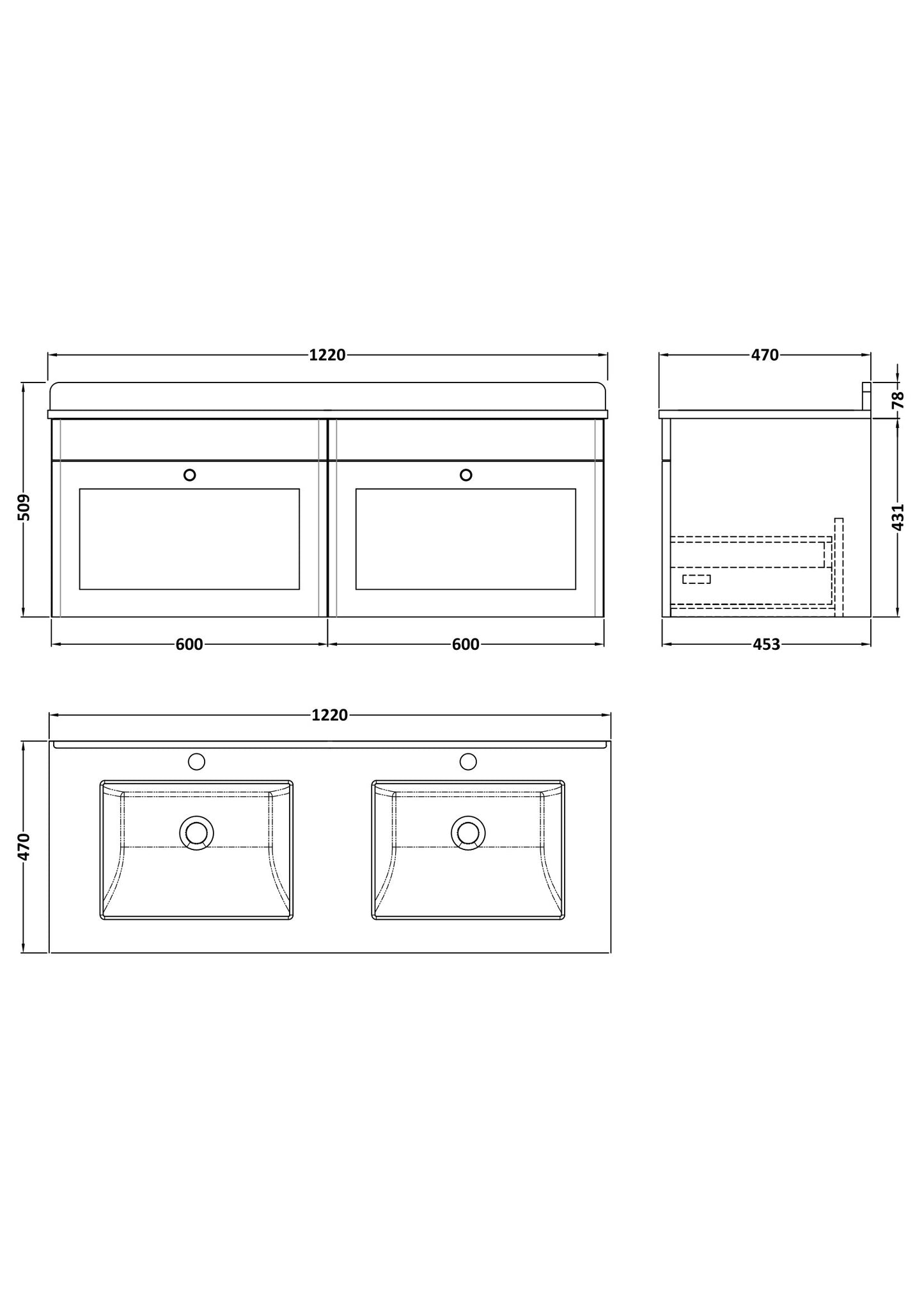 NUIE 1200mm Wall Hung 2 Drawer Vanity & Marble Top