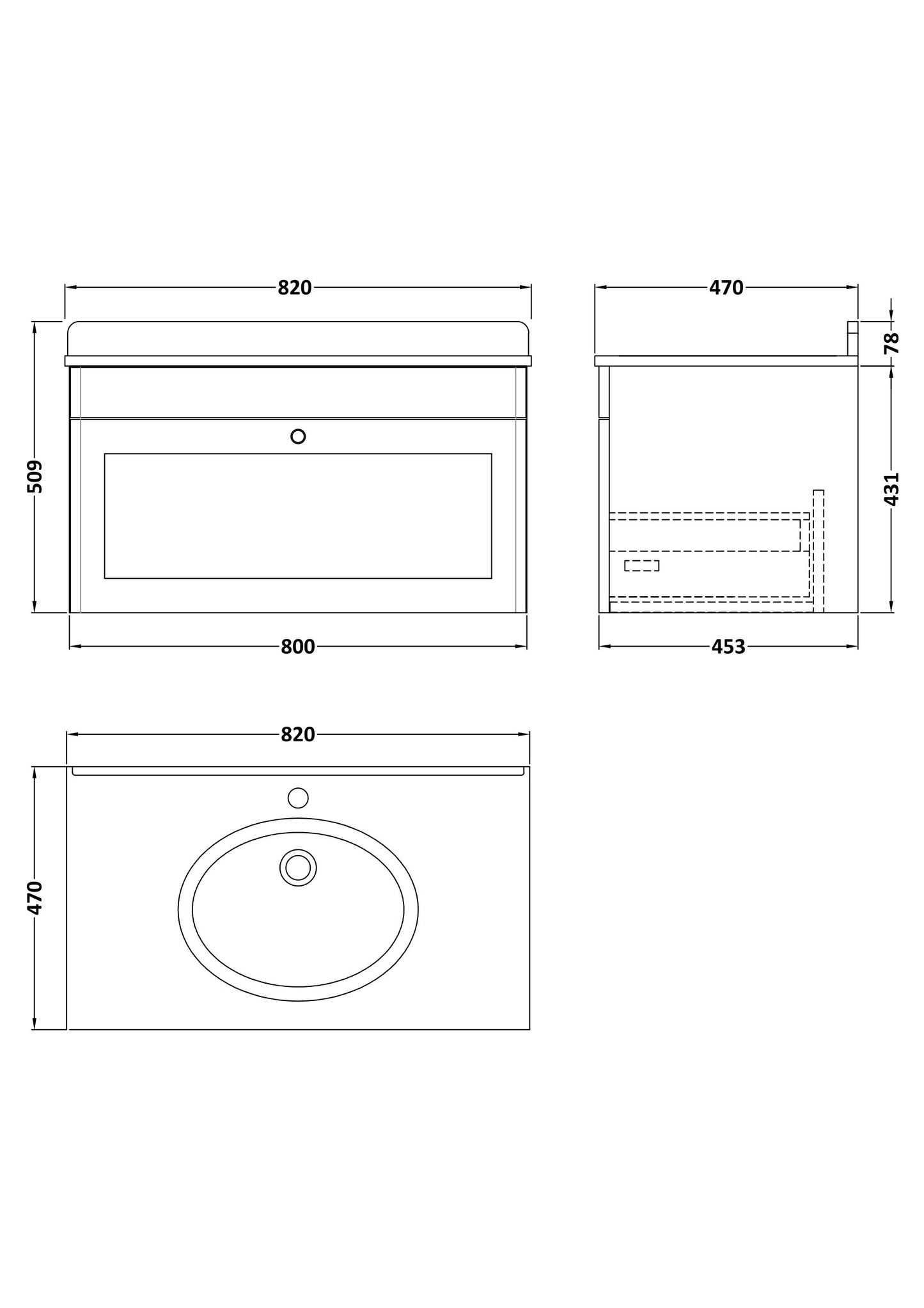 NUIE 800mm Wall Hung 1 Drawer Vanity & Marble Top 1TH