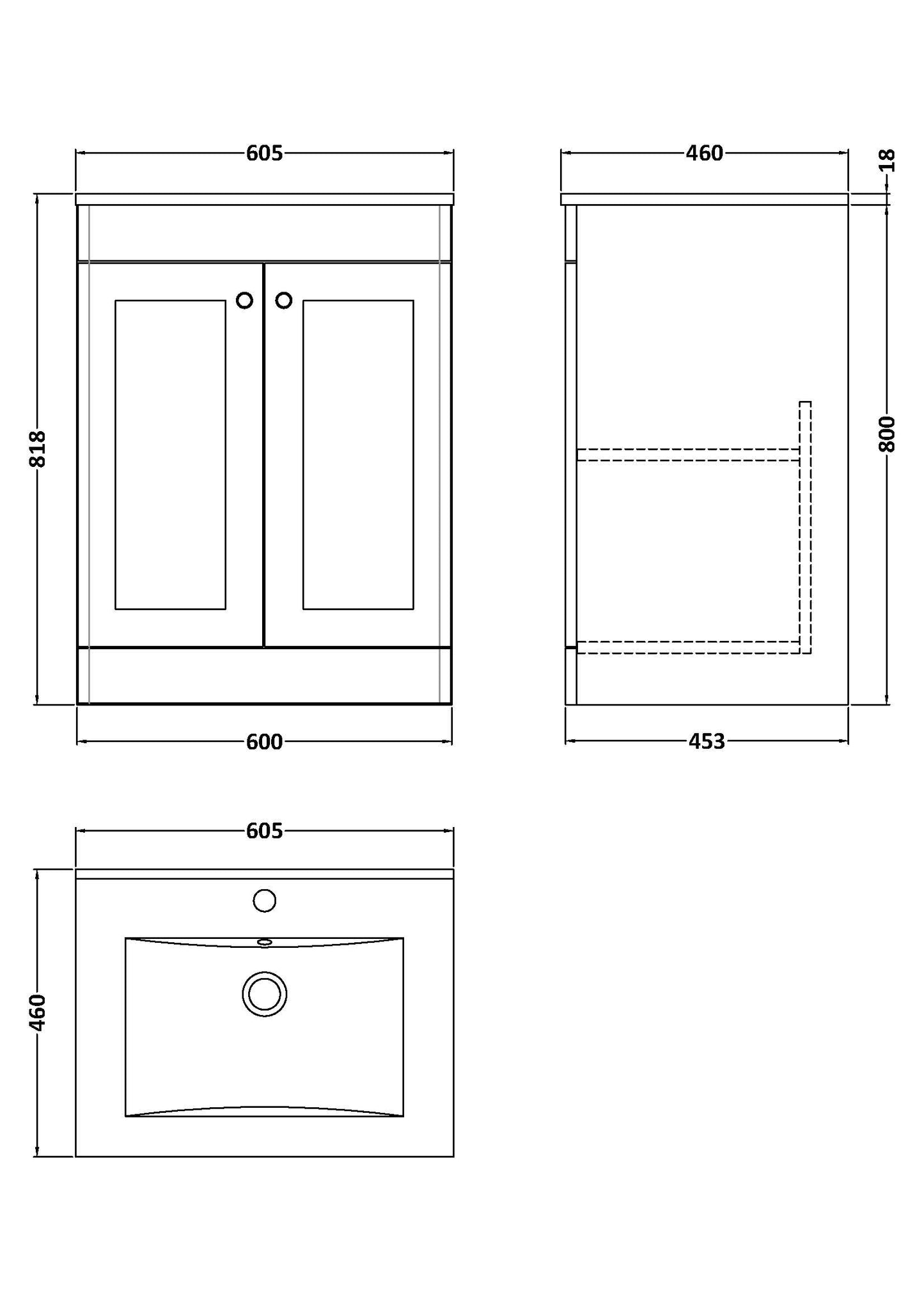 NUIE 600mm Floor Standing 2-Door Vanity with Basin - 1 Tap Hole