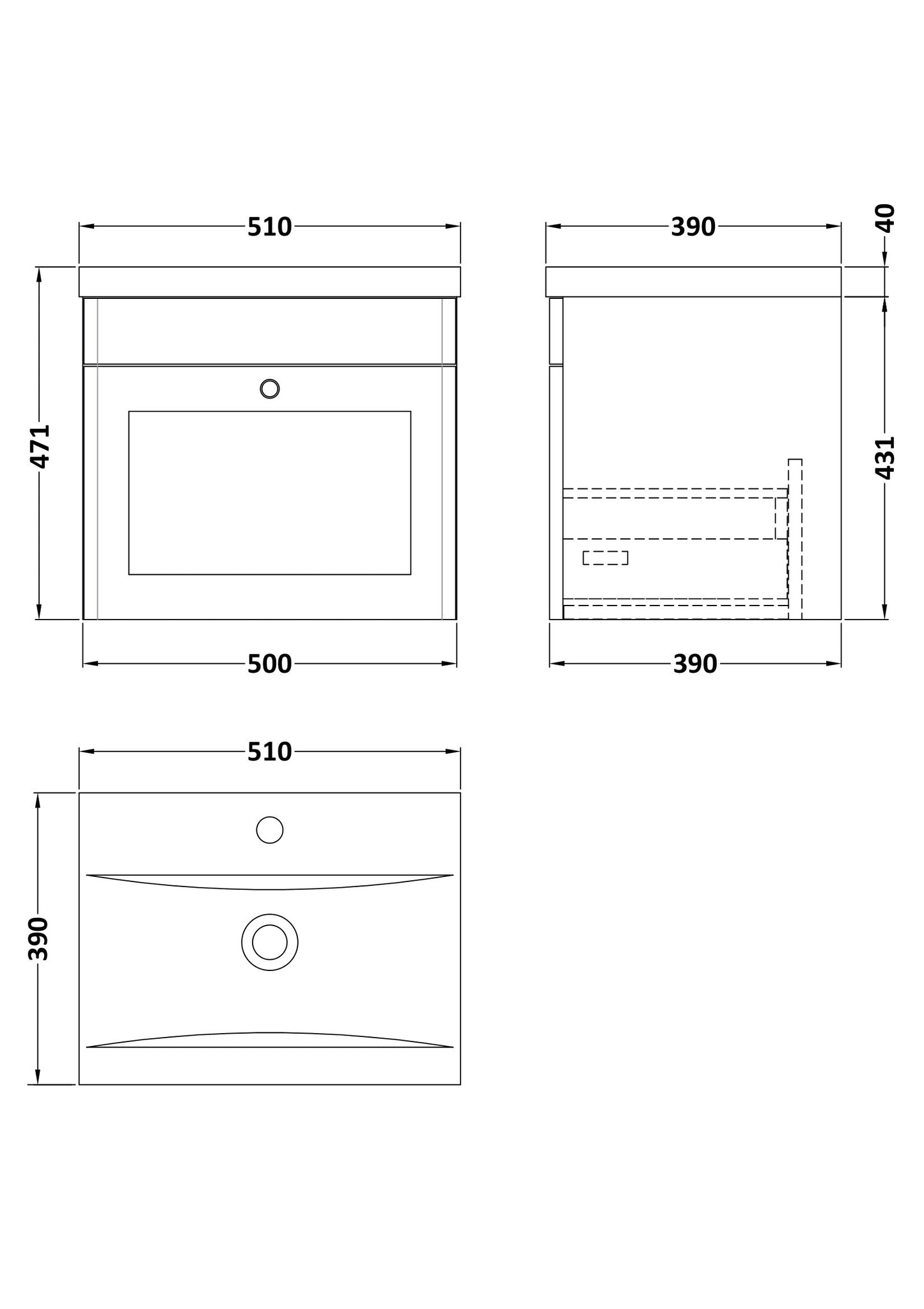 NUIE 500mm Wall Hung 1 Drawer Vanity & Basin 1